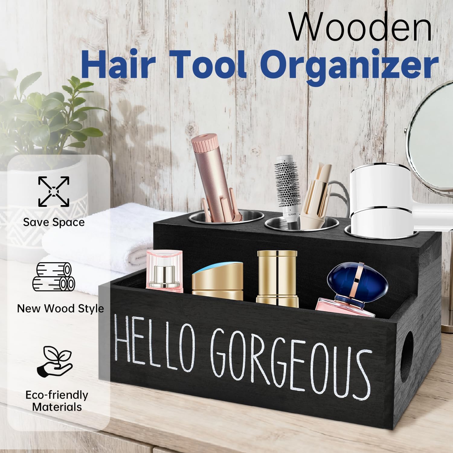 Wooden Hair Tool Organizer, Hair Dryer Holder with 3 Steel Cups for Flat Irons, Curling Irons, Blow Dryer, Hot Tools Organizer for Hair Styling Accessories for Bathroom or Cabinet Storage (Black)