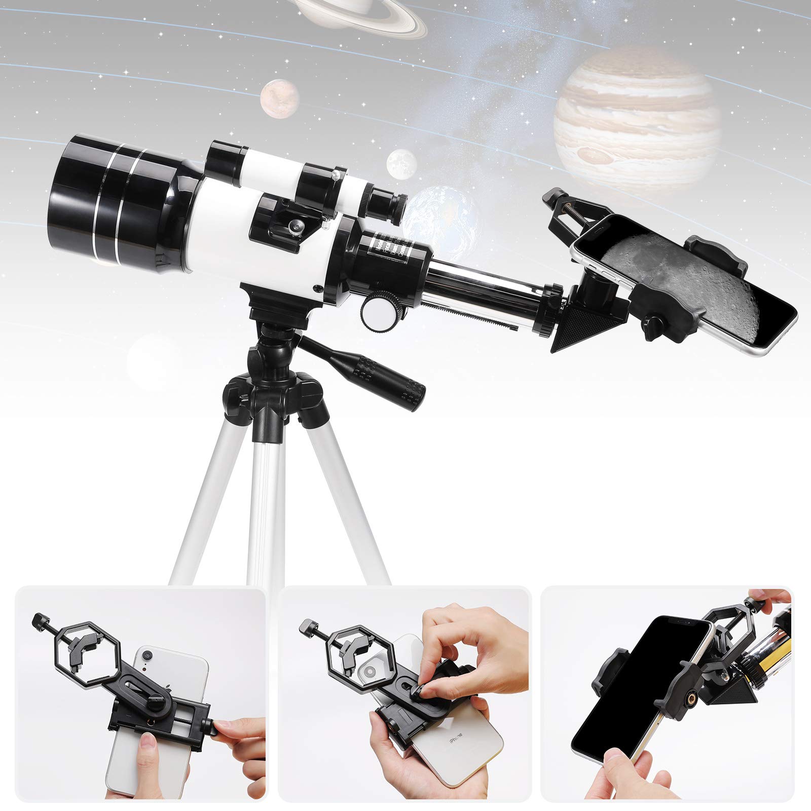 Telescopio Astronómico 150X HD de aumento con trípode300/70 mm, adecuado para mochila y adaptador para smartphone para adultos, niños y principiantes