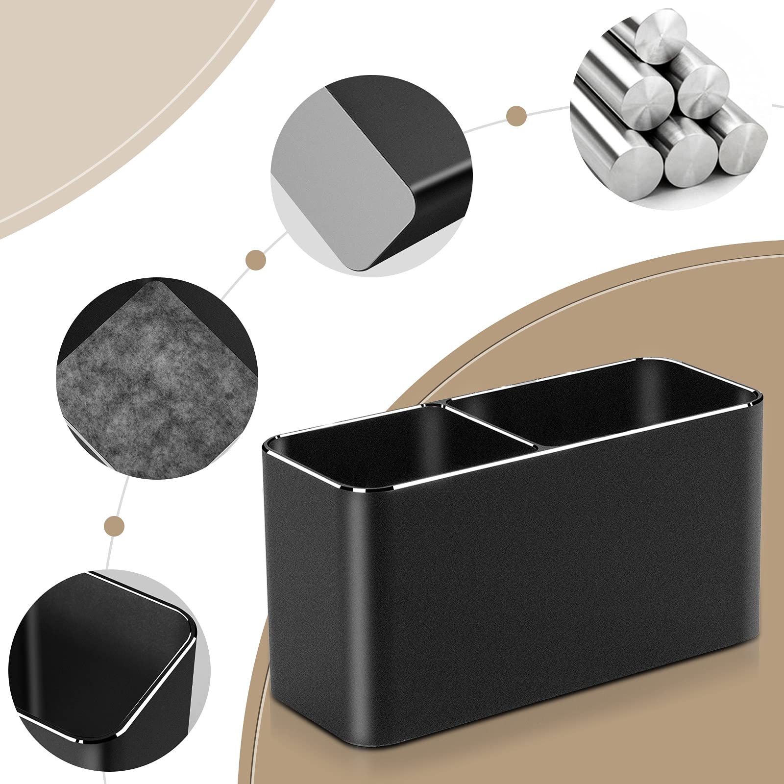 VAYDEER Porte-crayons carré à 2 trous en métal avec porte-stylo en aluminium, design moderne et base antidérapante - parfait pour bureau, école, maison et enfants. Noir.