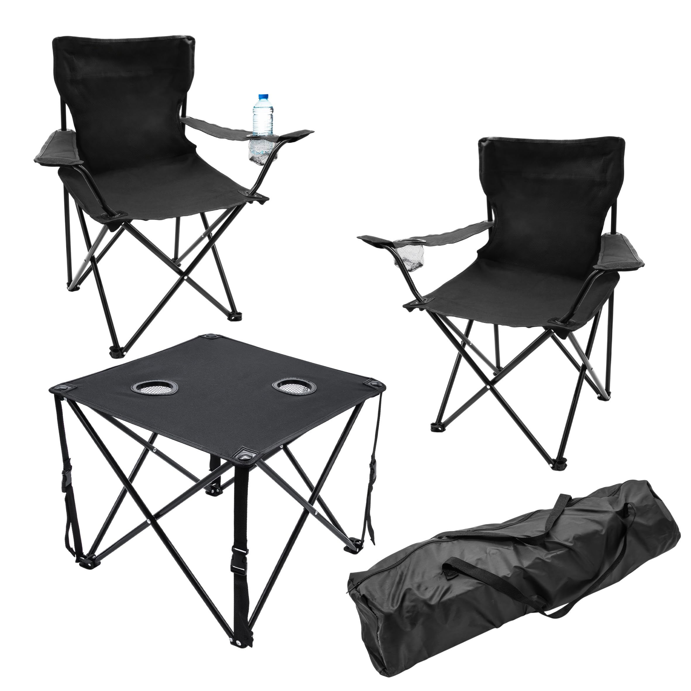 Spetebo Salon de camping noir 1 table + 2 chaises avec supports pour boissons intégrés – 3 pièces – Ensemble de table de jardin avec chaises pliantes jusqu'à 100 kg – Chaise pliable pour pêcheur