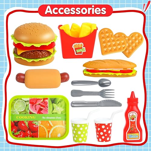 Miniatura 2 de FINGOOO Juego de comida de simulación, hamburguesas fritas, pizza, palomitas de maíz, juguetes de rol, regalo educativo para niños y niñas