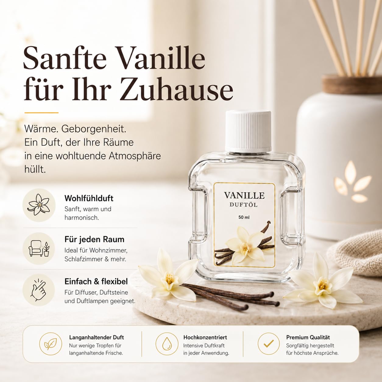 Duftöl Nachfüllung 2 x 50 ml für Aroma Diffuser, Raumduft Lufterfrischer für Bad, Schlafzimmer & Wohnzimmer (Vanille)
