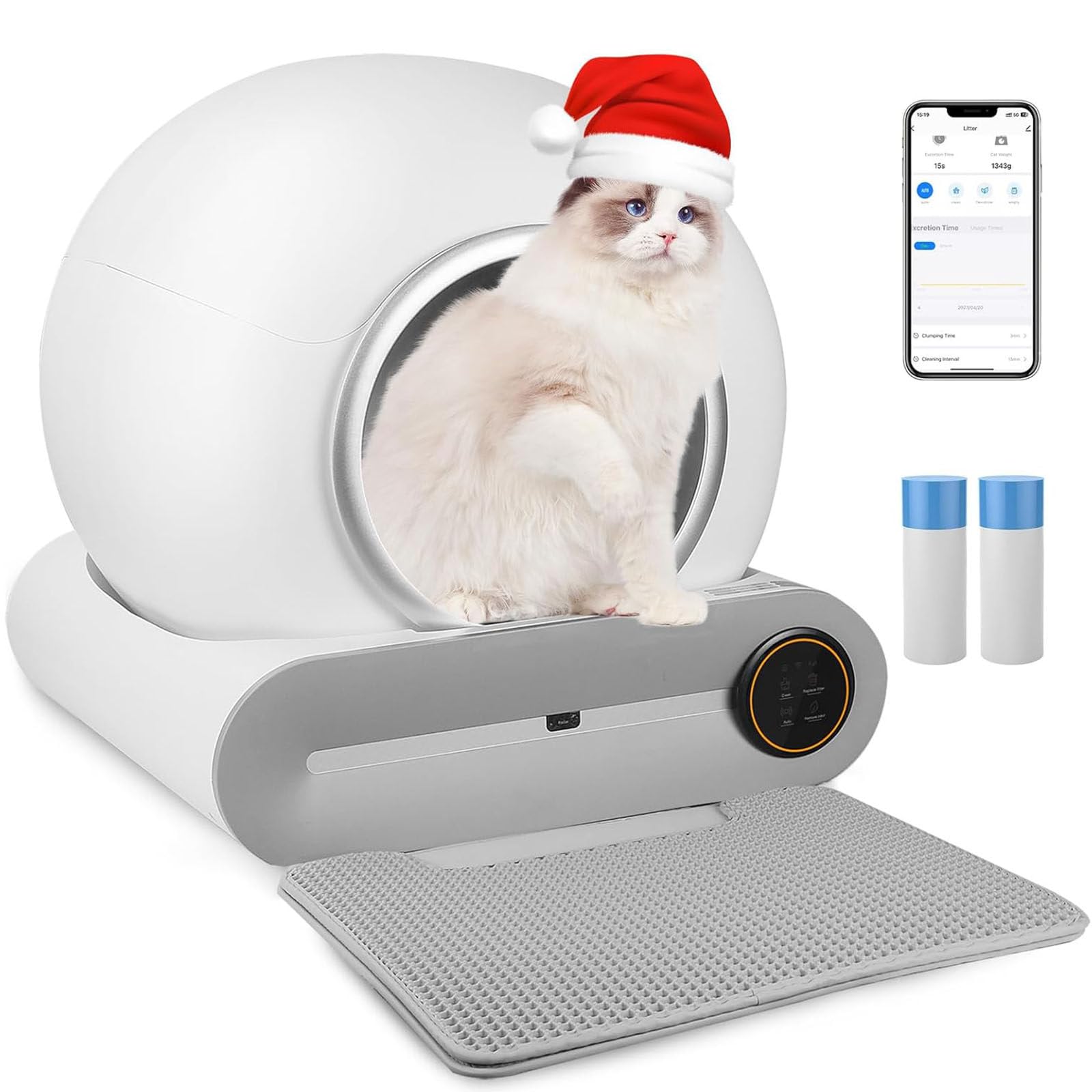 Bac Litière Intelligent Chat,Litiere Chat Autonettoyante,Contrôle APP Toilettes Autonettoyantes Intelligentes pour Chat,avec Un Tapis et 2 Rouleaux Sacs poubelles