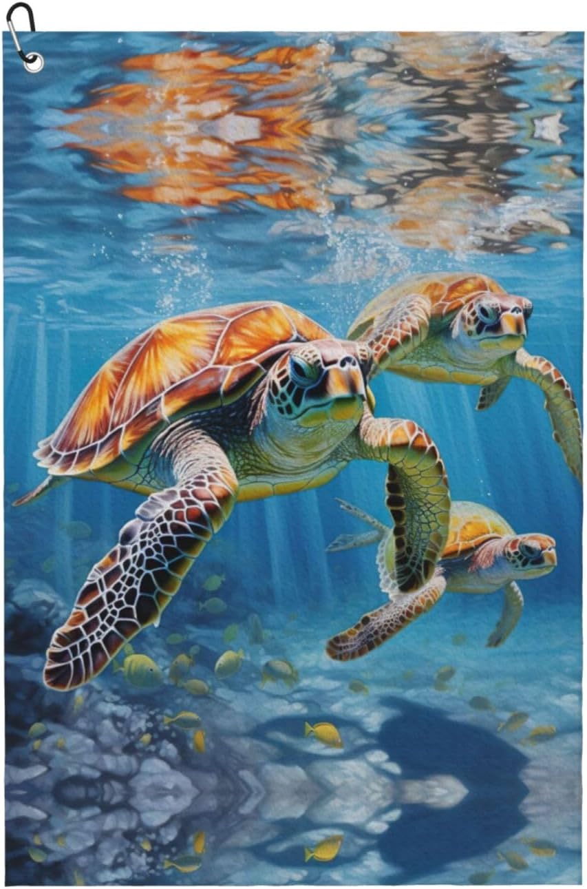 Sea Turtles Print Microfiber Golf Towel with Clip Funny Golf Accessories Golf Gifts for Men Women Club Towels