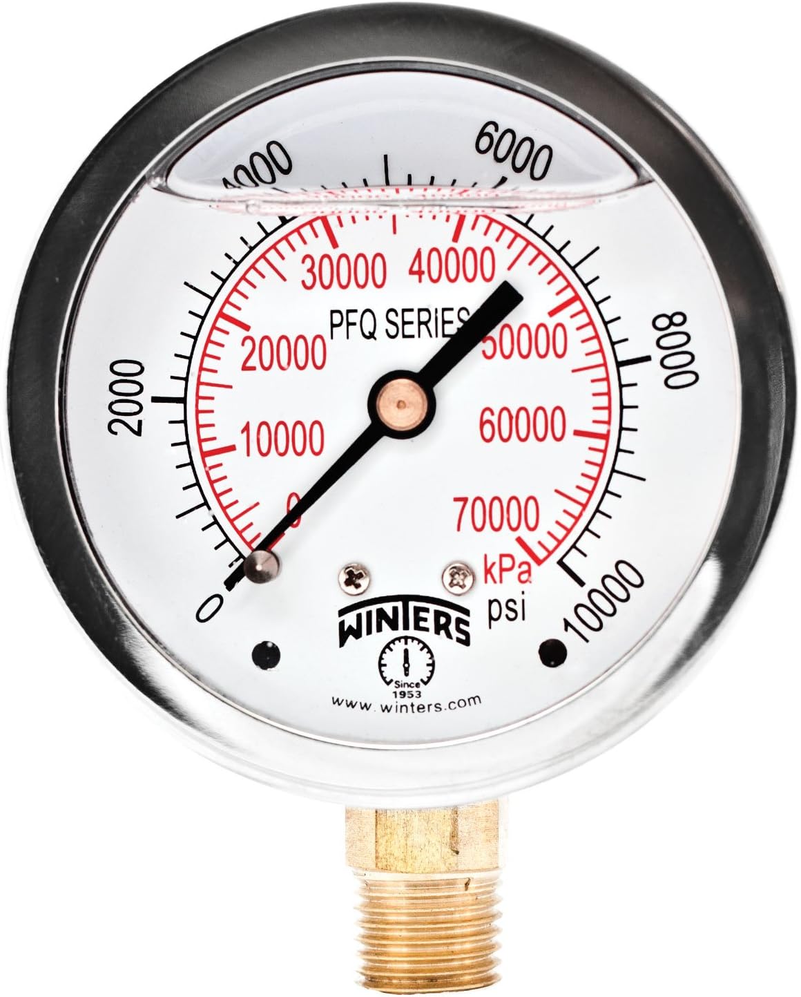 Winters 2-1/2" Dial Size, Liquid Filled Industrial Pressure Gauge, Brass Internals, Stainless Steel Case, Dual Scale 0-10,000 psi/kPa, 1.5% Acc, 1/4" NPT Bottom Mount, Glycerin Filled Pressure Gauge