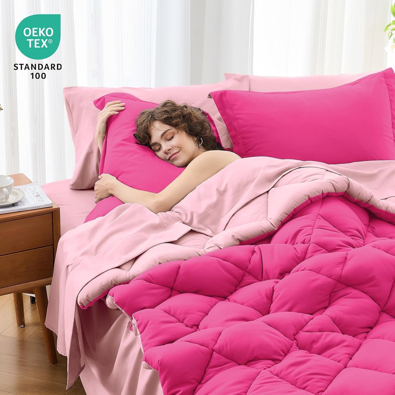 MUXHOMO 7 Pieces King Comforter Set, Reversible Bed in a Bag King Size, All Season Bedding Set with Comforter, Flat Sheet, Fitted Sheet, Pillowcases & Shams, Hot Pink & Baby Pink - Image 2
