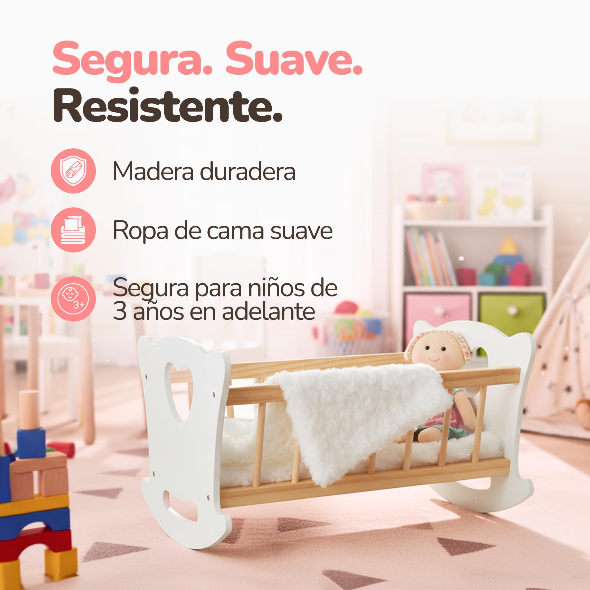Kinderplay - Cuna de Madera con Ropa de Cama para muñecas de hasta 49,5 cm, Juguete de Madera para niñas a Partir de 3 años, Cuna sostenible para Juegos de rol y Regalo para niños