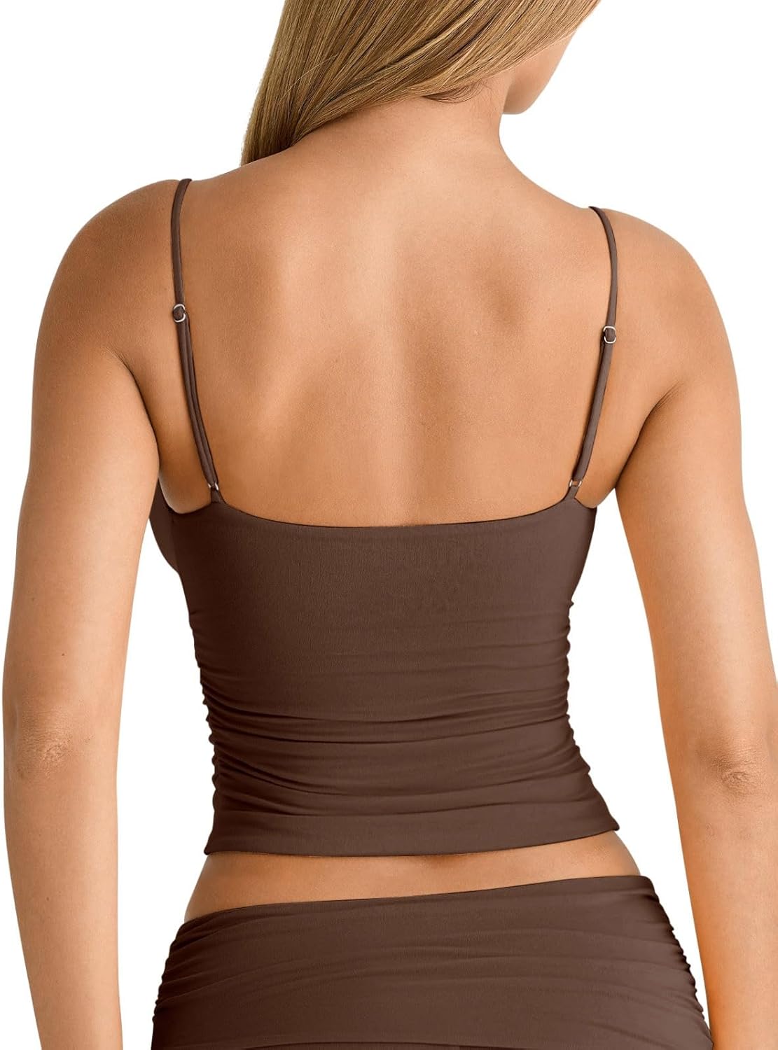 PINKMSTYLE Women's Sexy V Neck Ruched Cami Top Sleeveless Spaghetti Double Layer Fitted Crop Tank Tops - Image 6