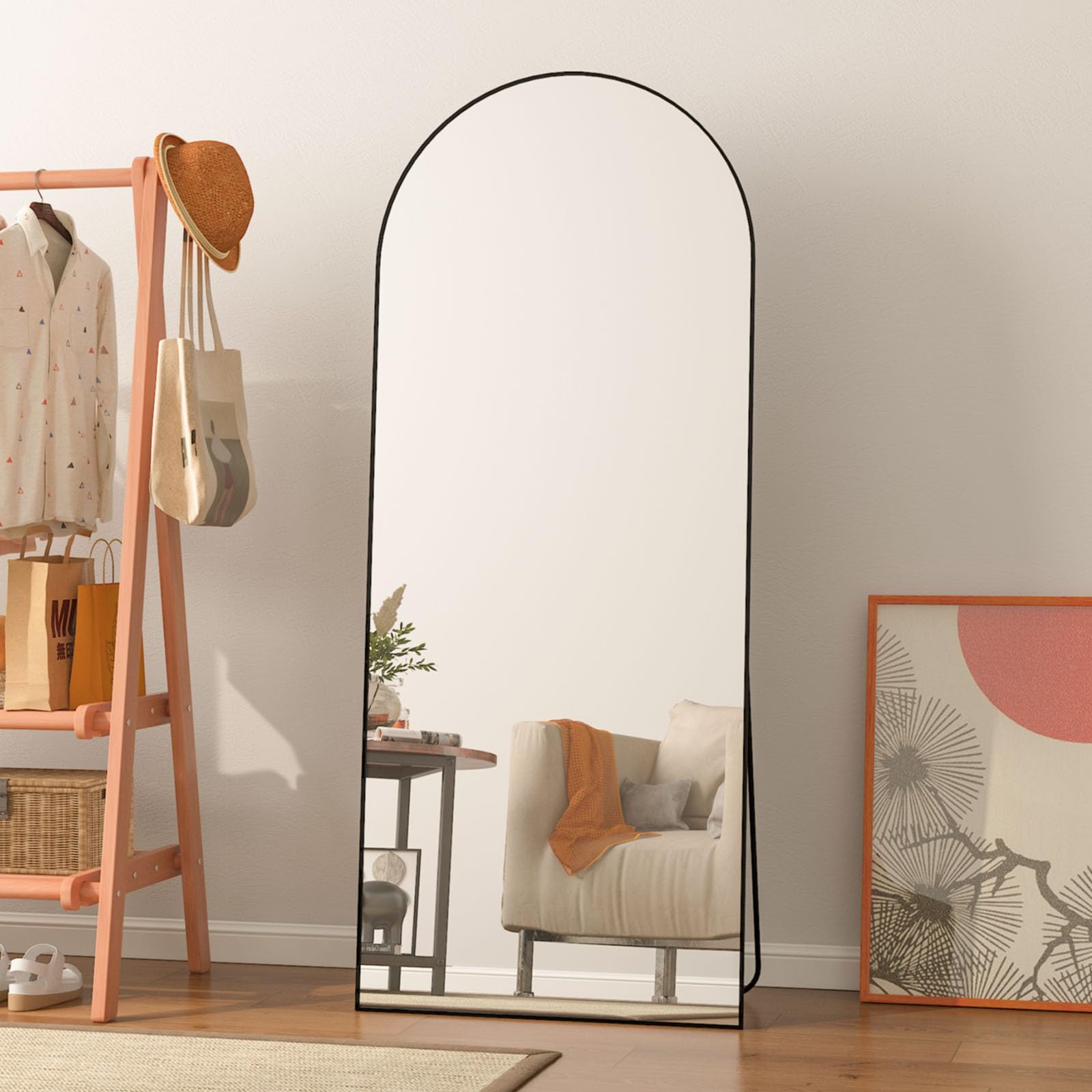 Arched Full Length Mirror 65" x 24", Full Body Mirror Standing Hanging or Leaning Against Wall Mirror for Bedroom, Black