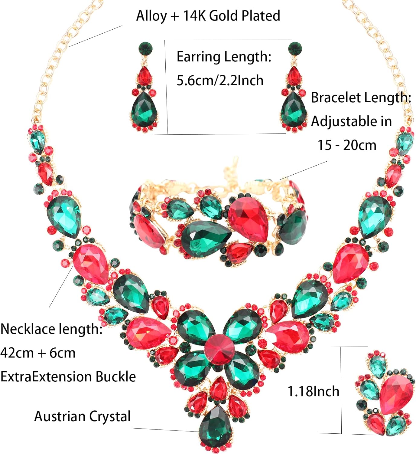 Women's Wedding Bridal Austrian Crystal Glass Teardrop Statement Necklace Dangle Earrings Bracelet Ring Wedding Party Jewelry Set for Bridal Bridesmaid - Image 3
