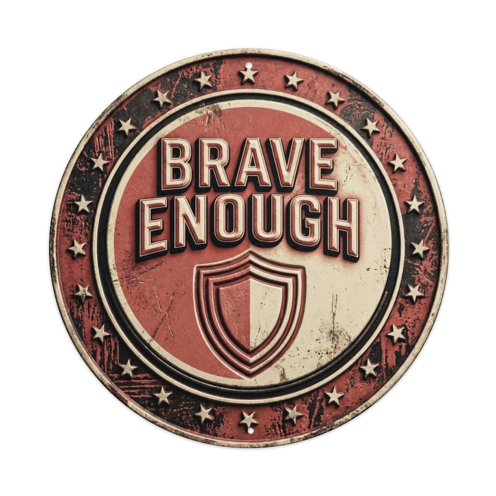 Brave Enough Motivation Quote Positive Motto Rustic Style Metal Tin Sign Plaque Wall Decor for Cafe, Man Cave, Club Bar, Office, Home Garden Round Metal Poster 8x8Inch