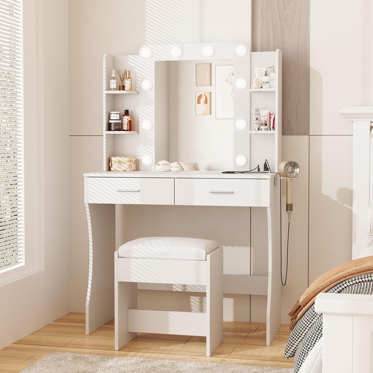 vabches vanity desk with mirror and lights,makeup vanity table with charging station,vanity set with 2 drawers & lots storage space,3 lighting modes adjustable brightness,white white1