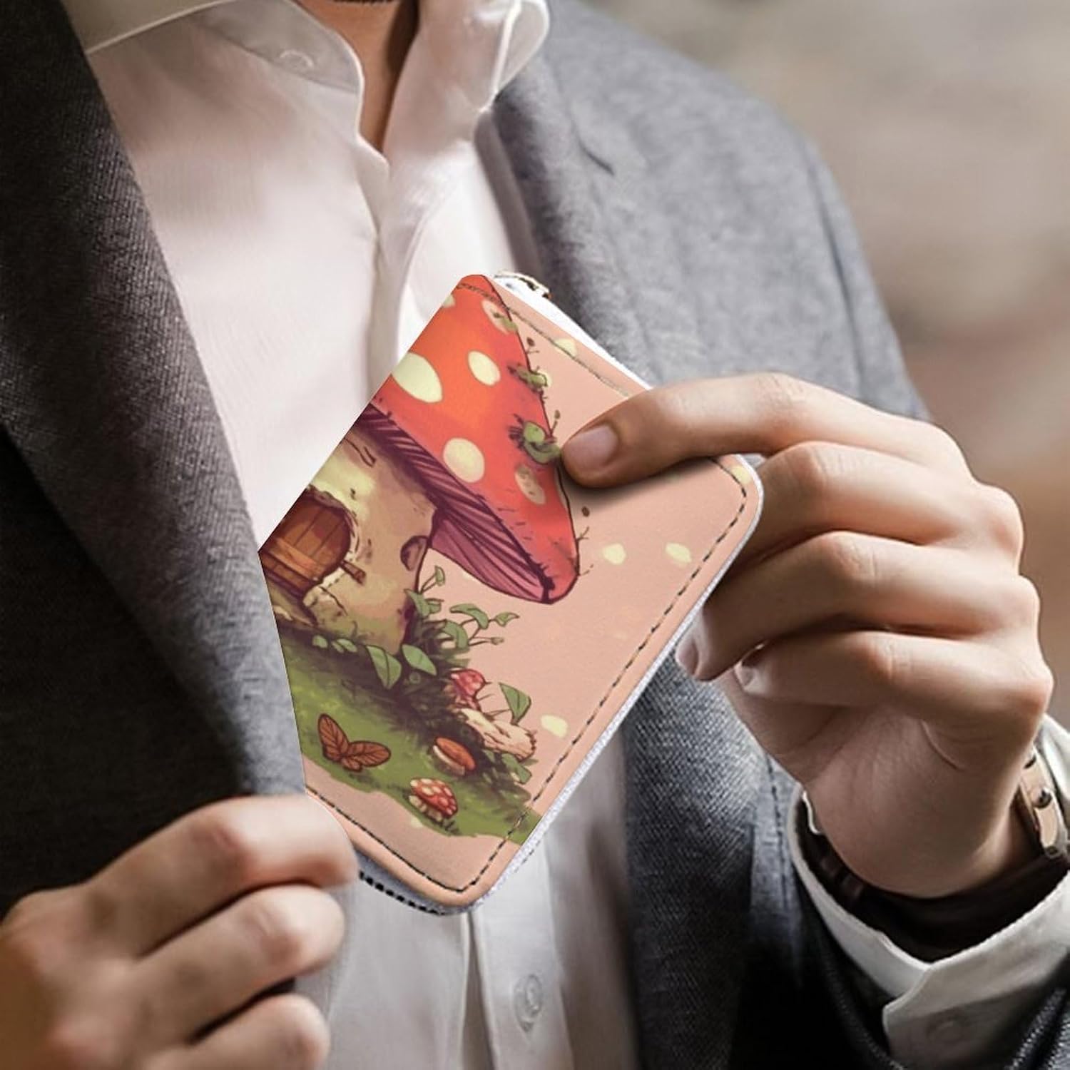 Cute Mushroom House Card Holder RFID Blocking,Credit Card Wallet for Women And Men,Card Case Organizer Bag with Zipper