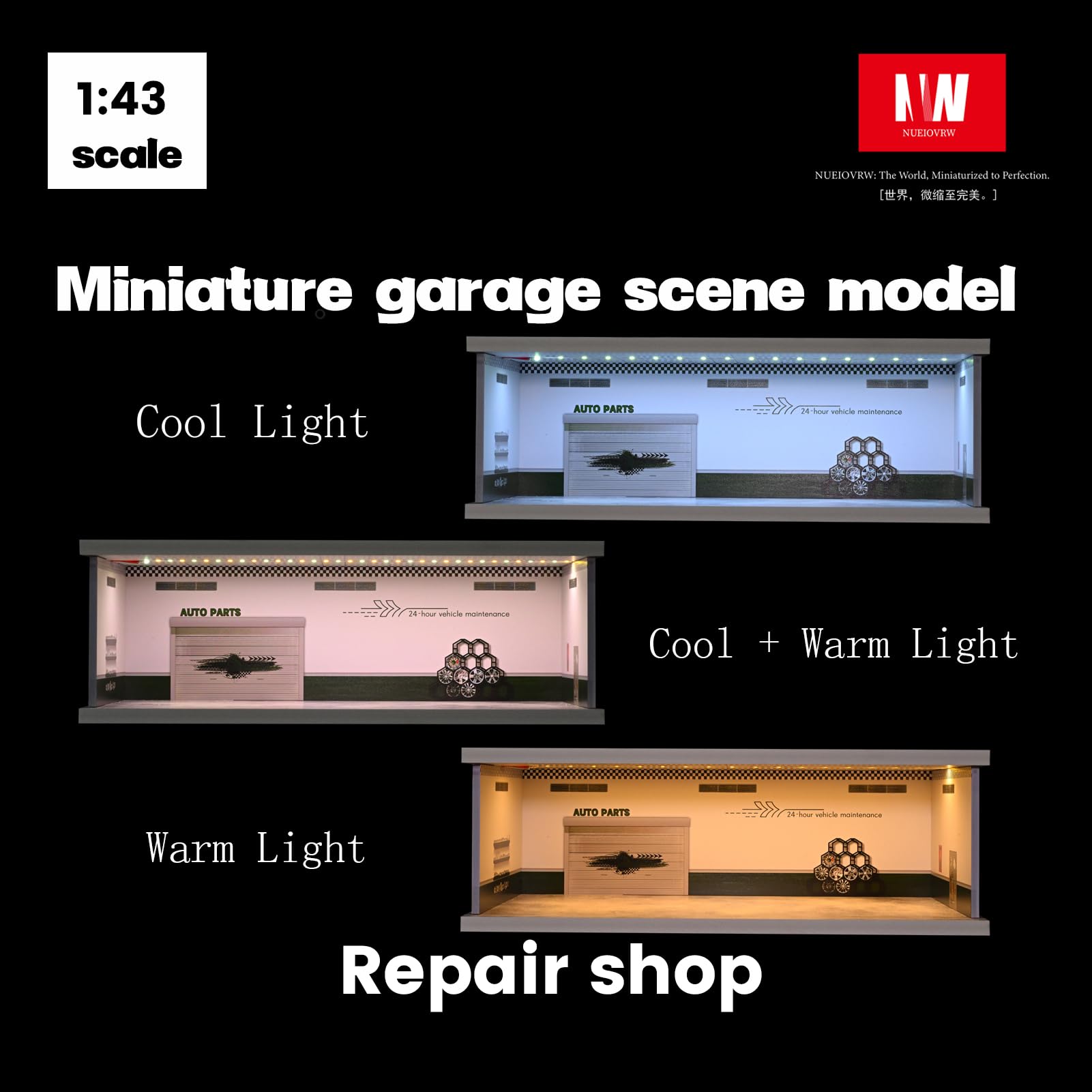 NUEIOVRW 1:43 Diorama Garage Model, Tri-Colour Lighting Model Cars Showcase, City Parking Scene Display Case - Image 2