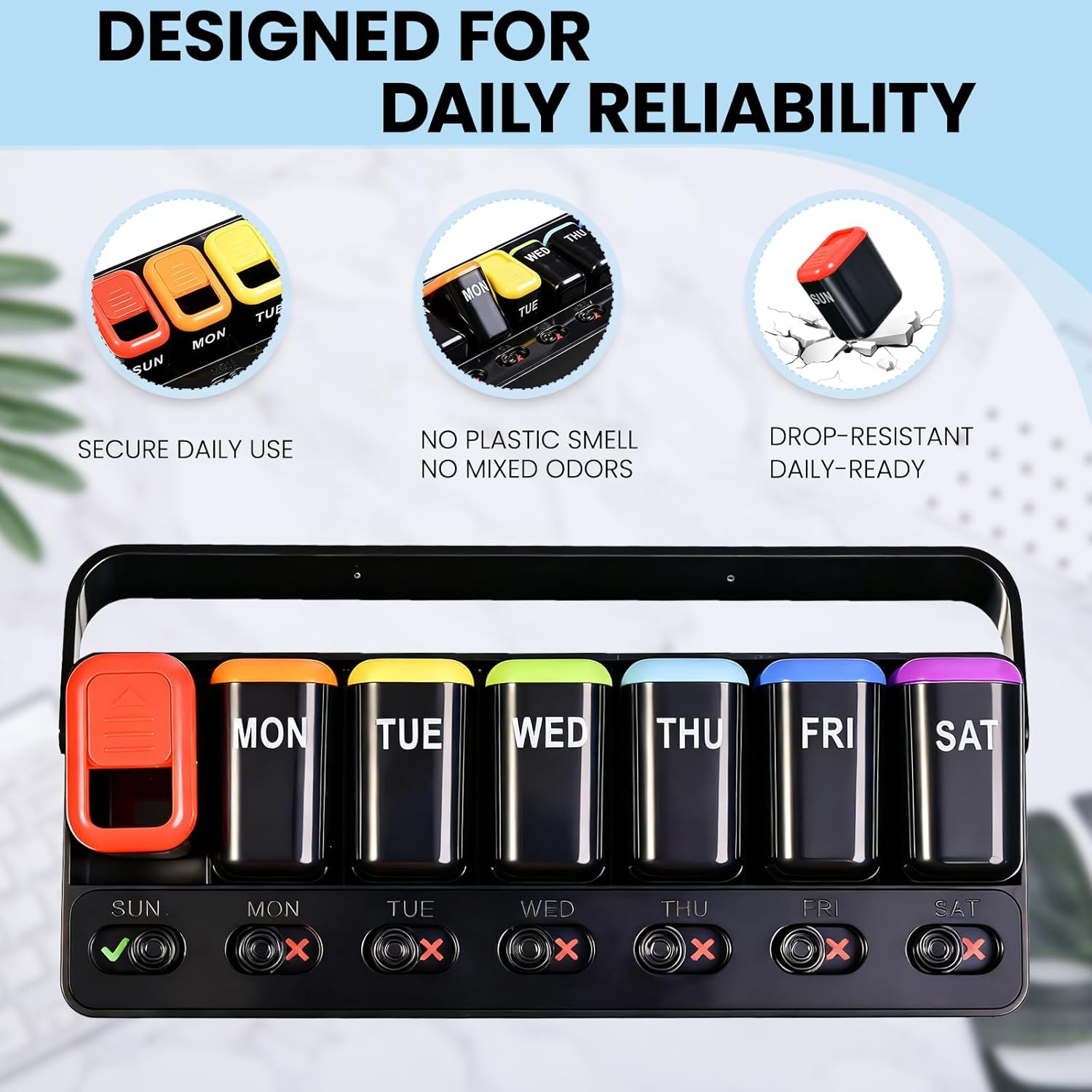 Weekly Pill Organizer with Taken/Untaken Tracker – Never Forget or Double-Dose Your Medication, Large Daily Compartments for Vitamins & Supplements, Vitamin, Black