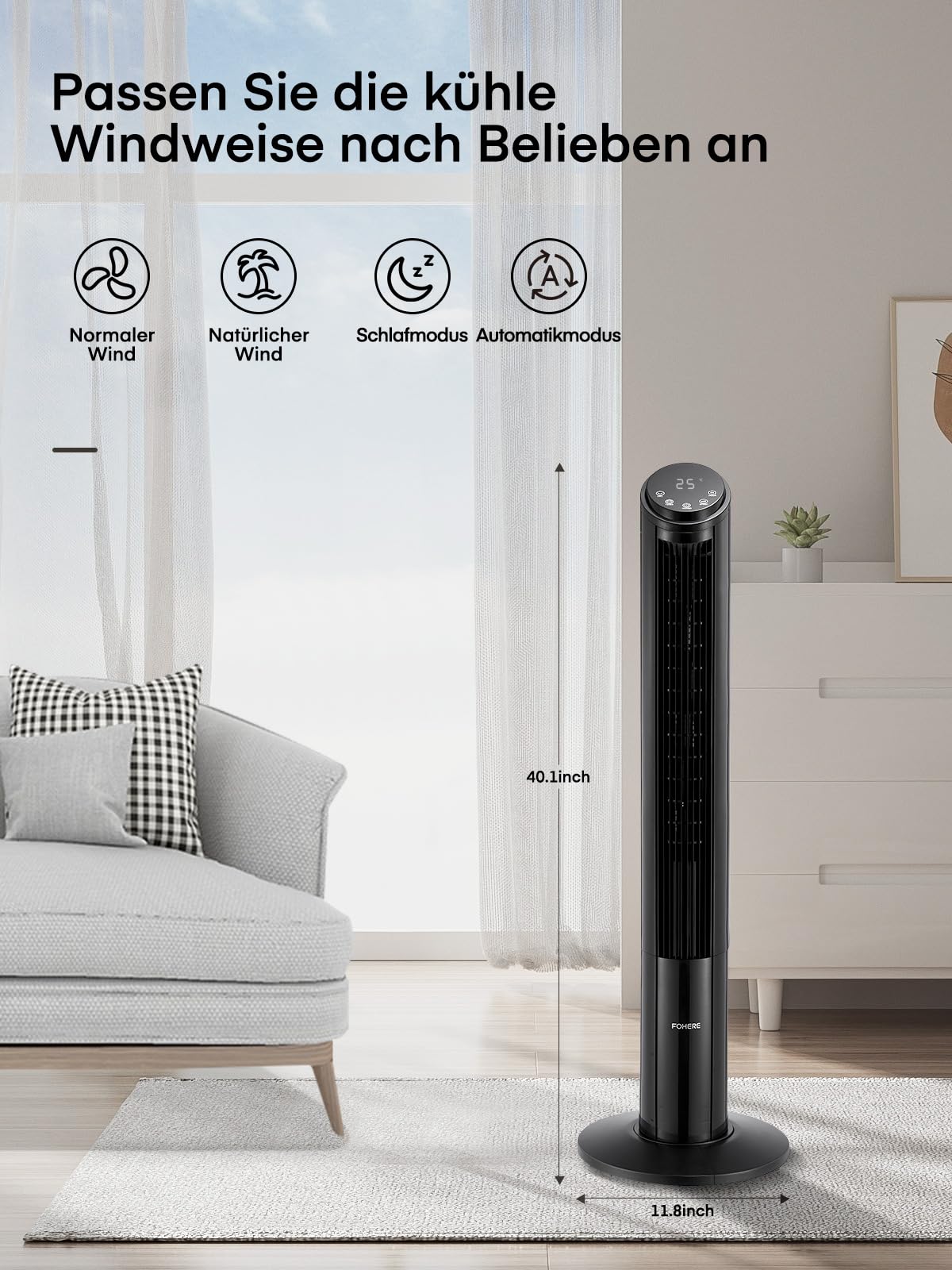 Turmventilator sehr Leise (<32dB) - 102cm Ventilator mit Kühlung - Turmventilator mit Fernbedienung- Simulierte Meeresbrise, 12 Stufen & Schlafmodus - Ventilator für Schlafzimmer/Wohnzimmer (Schwarz)