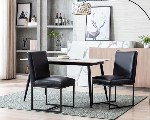 Miniatura 6 de CIMOTA Juego de 2 sillas de comedor de cuero negro, sillas de comedor tapizadas sin brazos con base negra para comedorcocina, 2 unidades