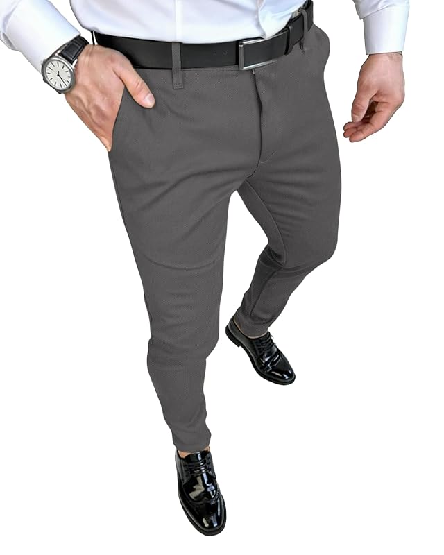 Mens Dress Pants Formal Slim Fit Trousers Stretch Expandable Waist Suit Pants Skinny Tapered Slacks with 4 Pockets