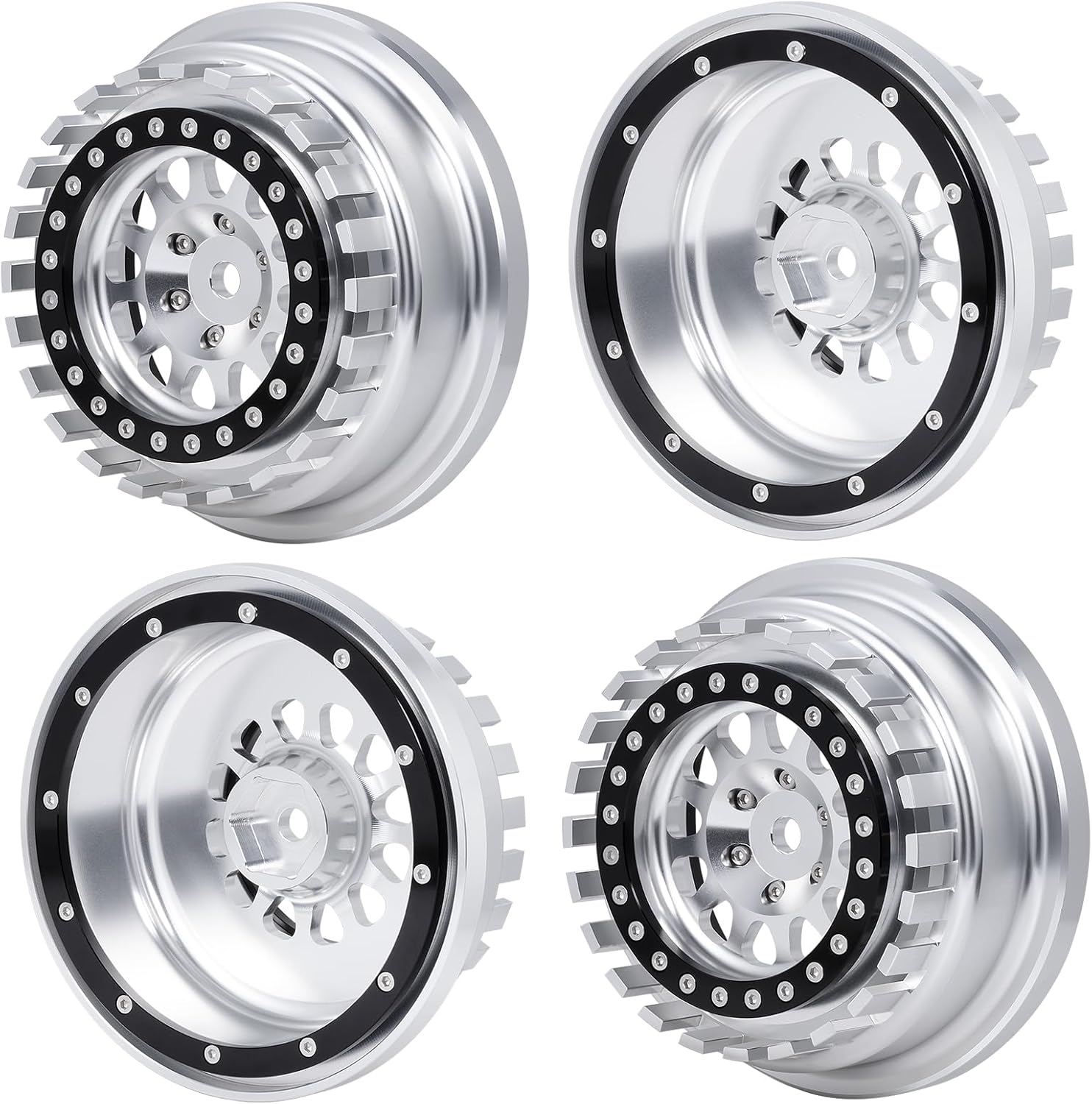 QUE-T Aluminium Beadlock Wheels for 1/7 Unlimited Desert Racer UDR Wheel Hubs,Pack of 4,Suit for Tires 101063-00 Only (Silver & Black)