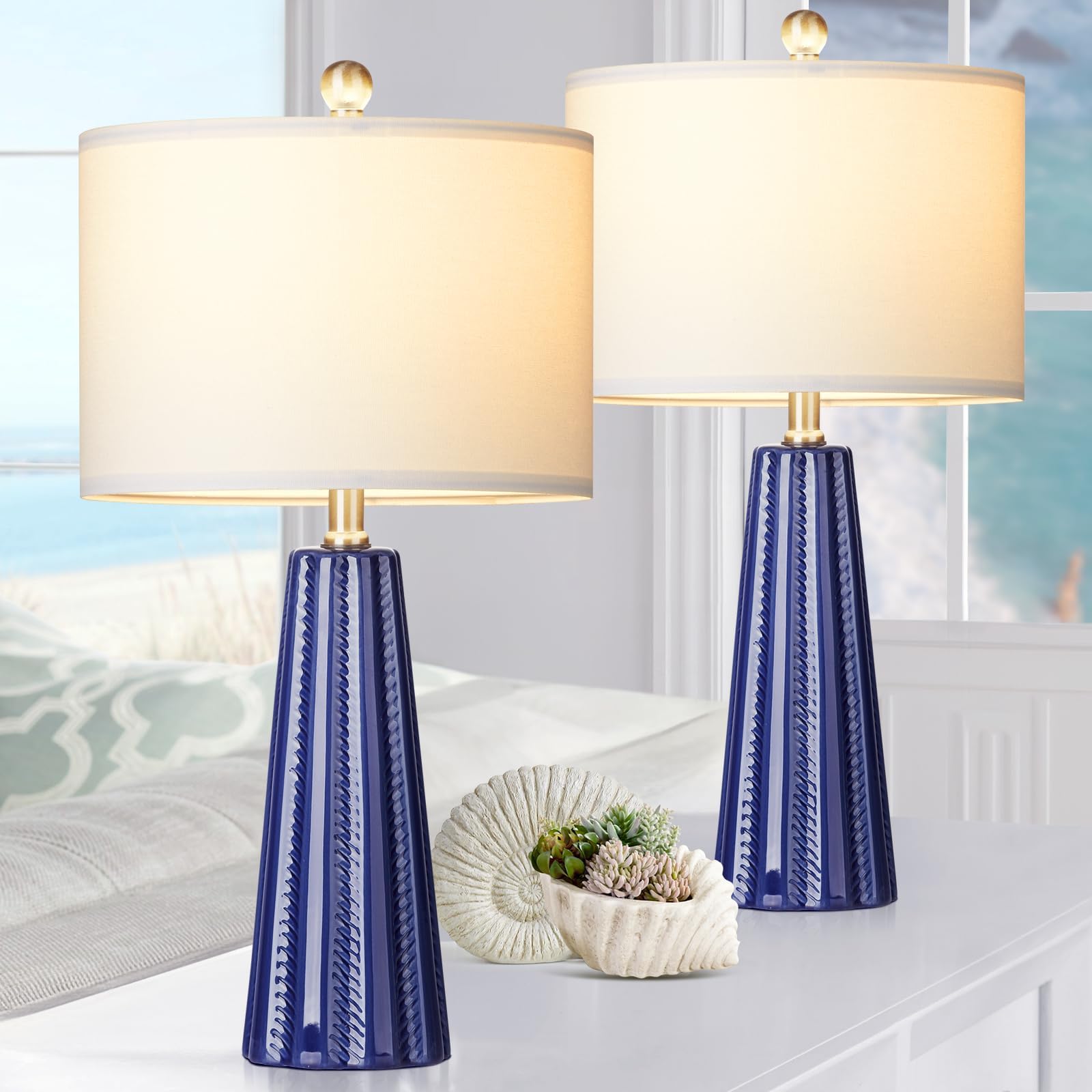 Rinweey 23.5" Modern Ceramic Blue Table Lamps for Bedroom Set of 2
