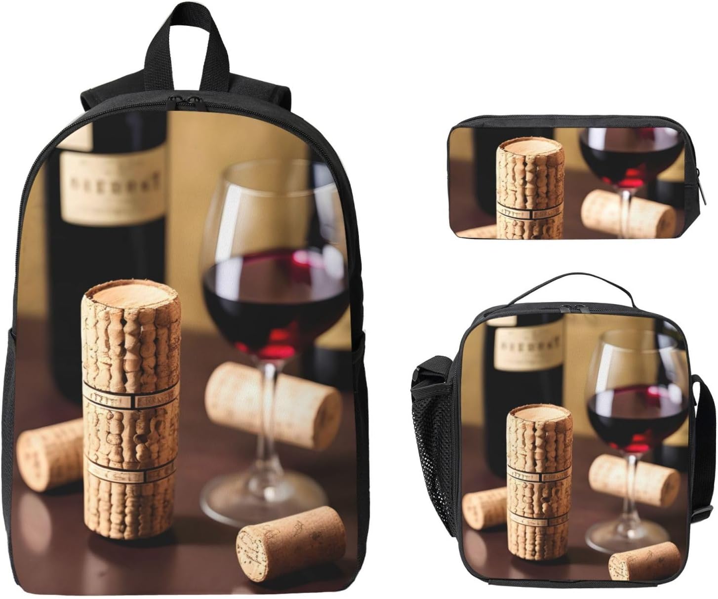 Wine cork print 3 Piece Backpack Bags with Lunch Box Pencil Case Set for Travel Work Camping Unisex