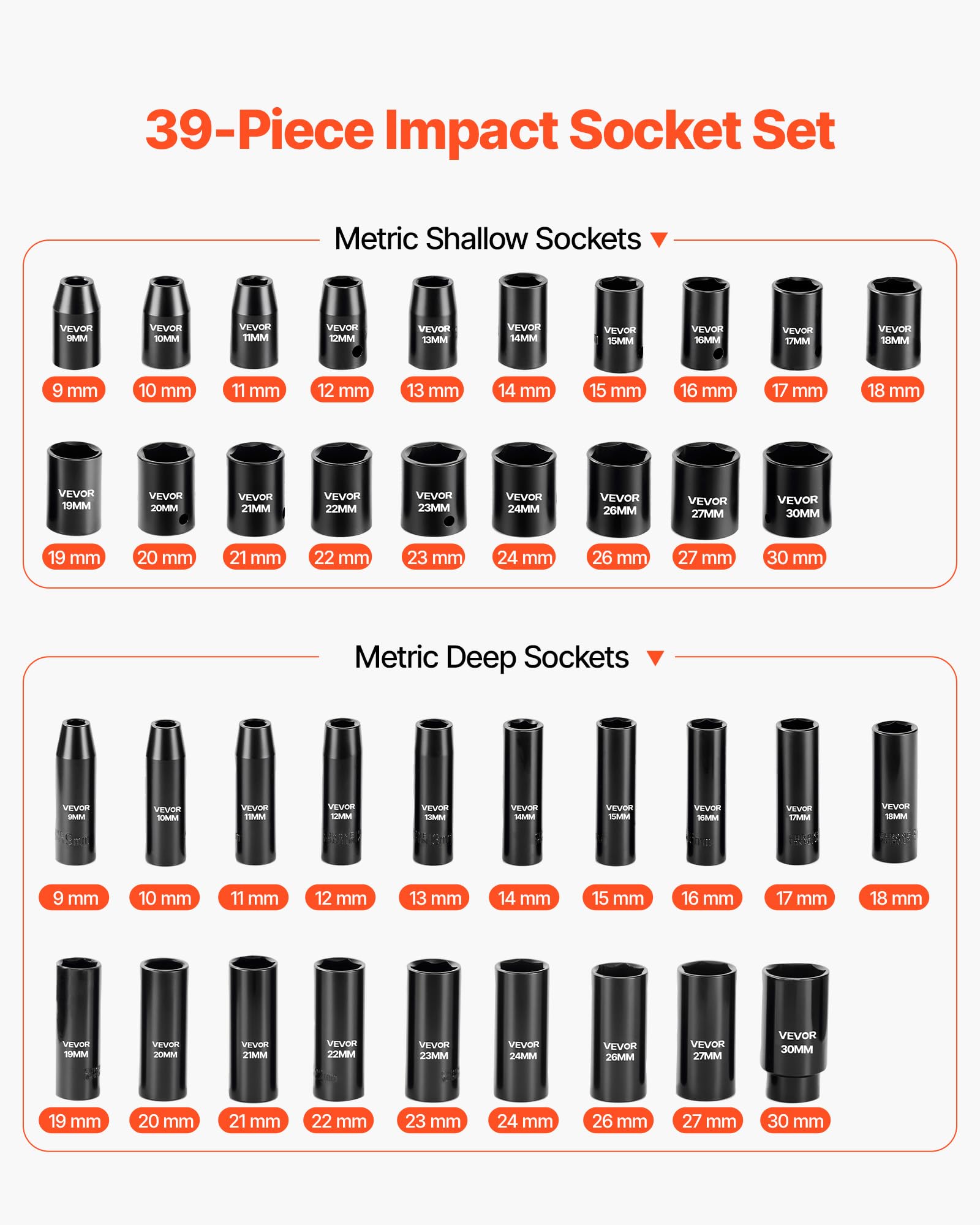 VEVOR Coffret de Douilles à Chocs 39PCs à Entraînement de 12,7 mm, Kit de Douilles Profondes et Courtes à 6 Pans, Métriques 9-30 mm, en Acier Cr-V, Double Marquage de Taille, pour Entretien Automobile