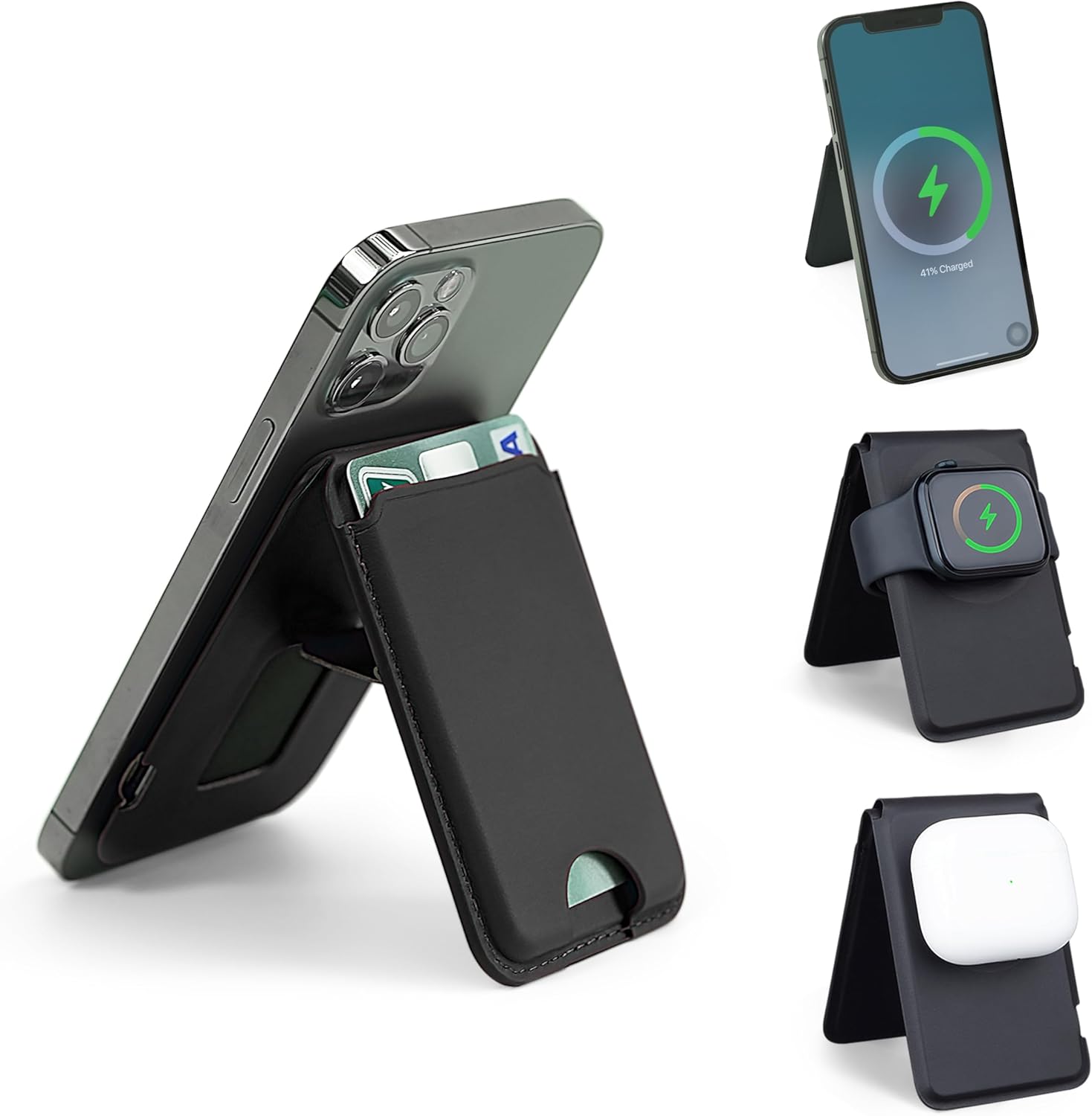 Card Holder,MagSafe Compatible Card Holder with Wireless Charging, Magnetic Wallet,Magnetic Phone Wallet Stand, Charges for iPhone 17/16/15/14/13 Series, Smartwatch, Vegan Leather (Black)