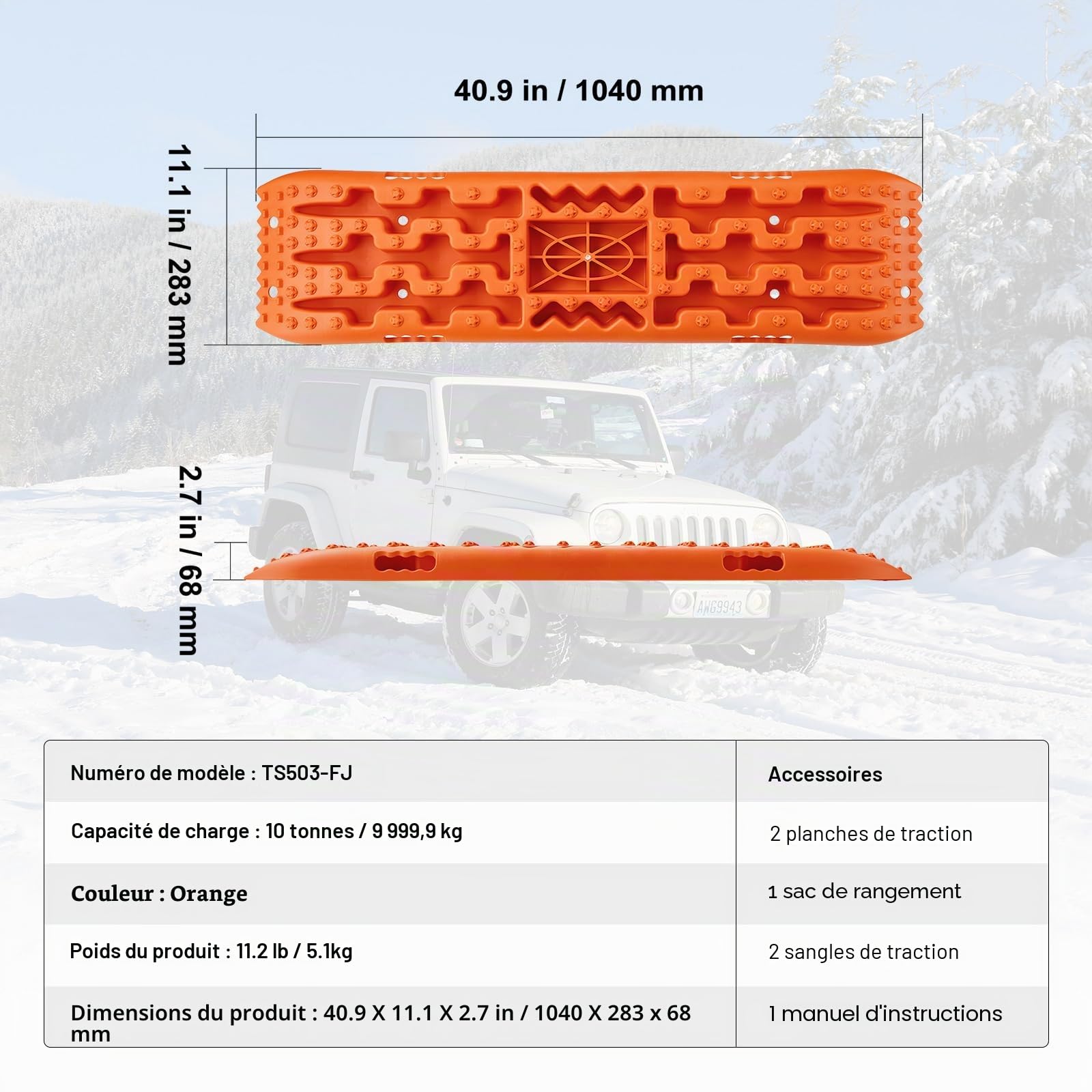 VEVOR Plaque de Désenlisement 10 T avec PP, Tapis de Traction pour Tout-Terrain/Voiture/Pick-up/SUV/Camping-Car, Planche de Récupération de Sable Boue Neige, Sac de Rangement, Long, Orange, 2PCs