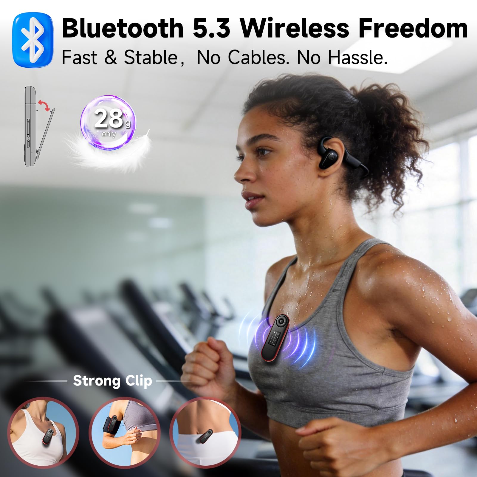 Lecteur MP3 64Go Bluetooth 5.3, Clé USB Plug & Play, Ultra-léger 28g, Boutons Physiques pour Utilisation à l'aveugle, Clip Sport pour Course à Pied, Lecture par Dossier, Radio FM, Enregistreur Vocal