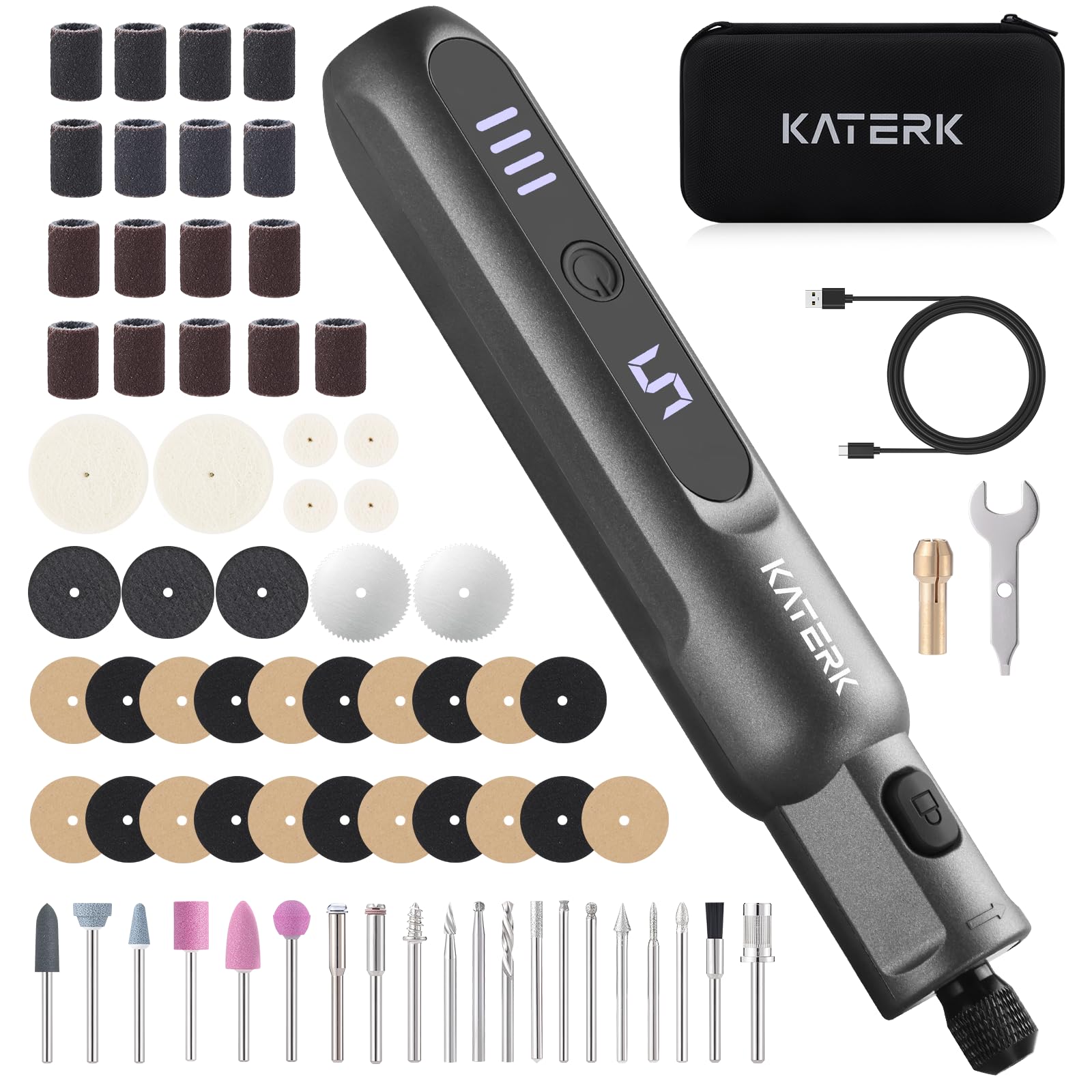 Katerk Kit di Utensile Multifunzione 3.7V Utensile Rotante 20000 giri/min 2500mAh 70 Accessori per Foratura Fresatura Incisione Lucidatura Grigio