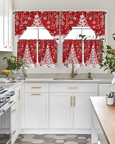 Miniatura 6 de Juego de 3 cortinas de cocina con festón de árbol de Navidad con cenefa, 3 piezas con bolsillo para barra, cortinas para dormitorio, sala de estar,