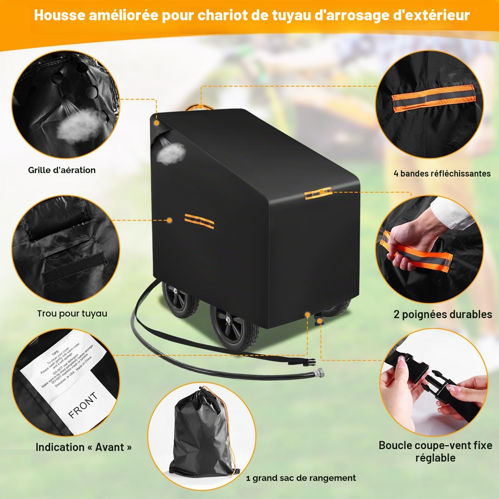 Housse étanche 420D Protection solaire Ouvrage d'aération 4 bandes réfléchissantes pour dévidoir de tuyau d'arrosage
