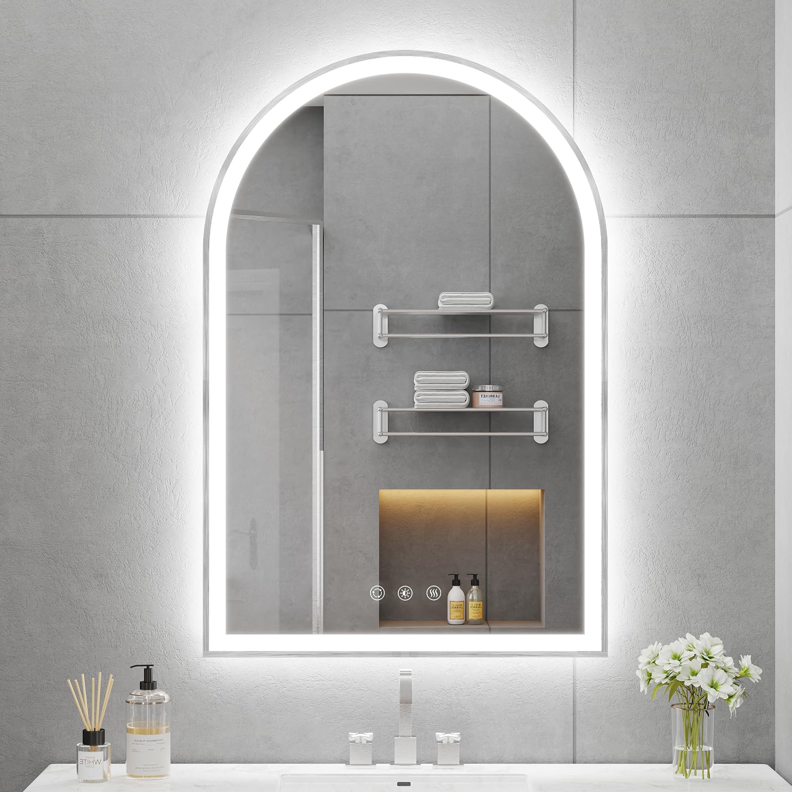 Arched LED Mirror for Bathroom 20"x30", Brushed Nickel Lighted Bathroom Mirror with Lights-Fogless, Dimmable, Shatterproof, Touch Sensor, 3 Color Changing