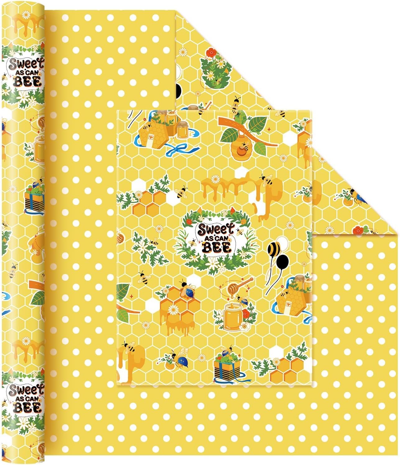 WERNNSAI Bee Wrapping Paper Jumbo Roll - 1 Roll 17”x 33 ft Honey Bee Gift Wrapping Paper Honeycomb Packing Paper for Kids Birthday Party Decoration Favor Supply, Polka Dot Reversible Yellow