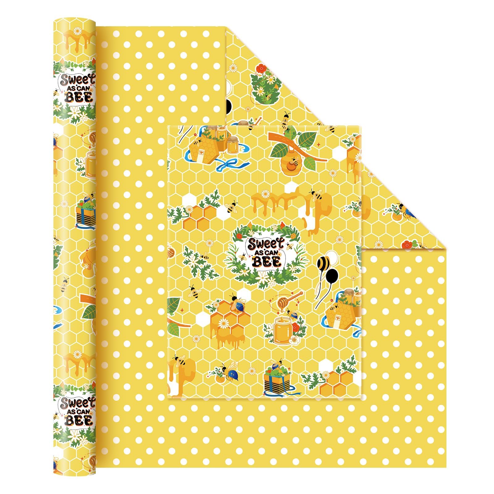 WERNNSAIBee Wrapping Paper Jumbo Roll - 1 Roll 17”x 33 ft Honey Bee Gift Wrapping Paper Honeycomb Packing Paper for Kids Birthday Party Decoration Favor Supply, Polka Dot Reversible Yellow