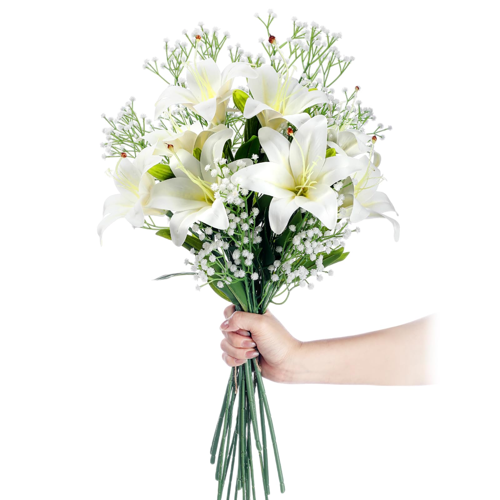 Giegxin Künstliche Osterlilien, weißes Latex, fühlt sich echt an, künstliche Tigerlilien, Blumen mit künstlichem Baby-Atem, künstliche Schleierkraut für Ostern, Frühling, Zuhause, Kirche, Hochzeit