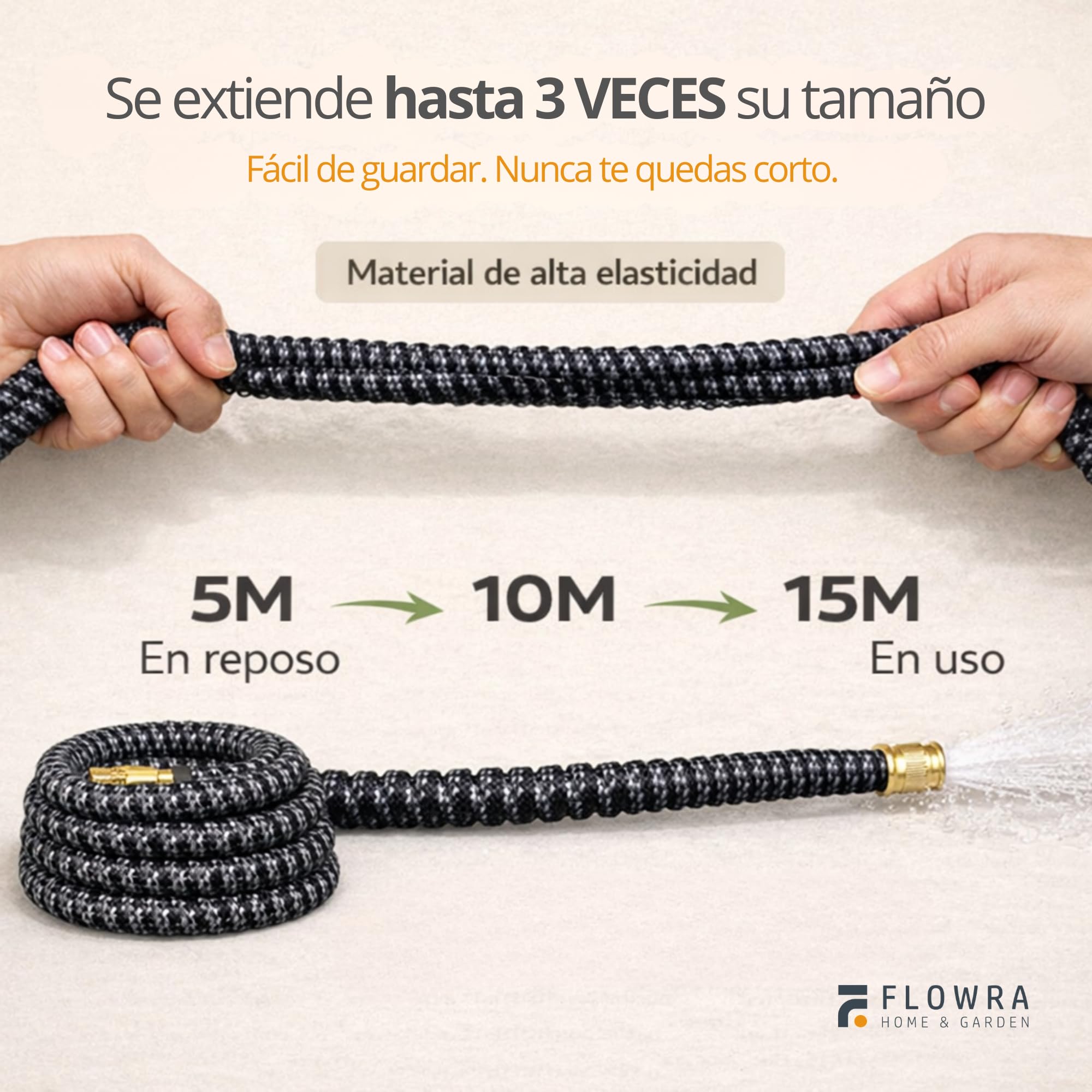 Manguera extensible de 15 metros, manguera jardin extensible de poliéster resistente 3300D, con conectores de latón y pistola con depósito de jabón, incluye set con colgador y bolsa de almacenaje