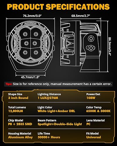 Miniatura 4 de Auxbeam - Luces de conducción redondas de 3 pulgadas, laterales, 108 W con DRL ámbar, luz de zanja ultraancha de 270, 3 modos de luz, blanca, ámbar