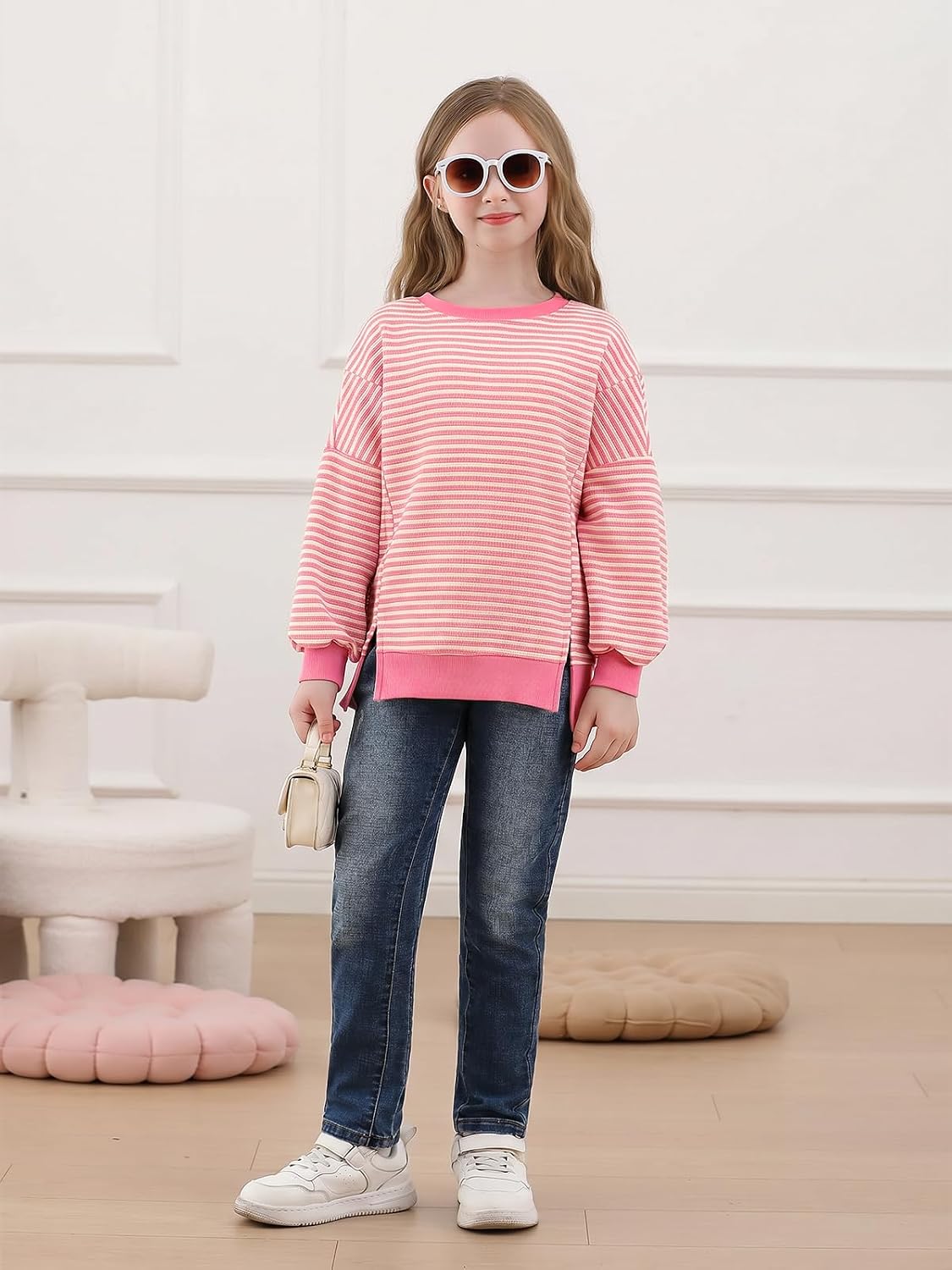 Haloumoning Girls Oversized Striped Sweatshirt Waffle Knit Pullover Tops image 5