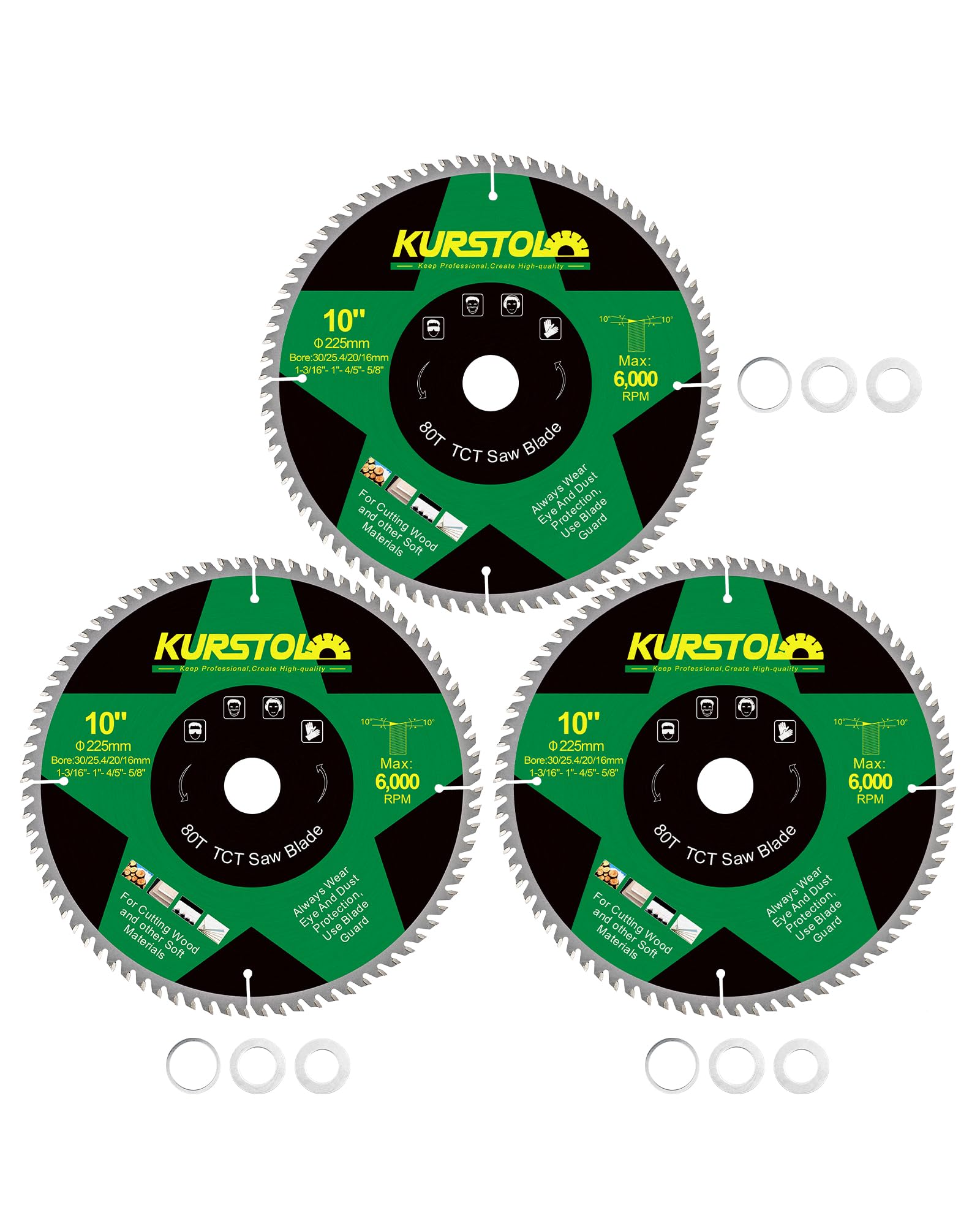 KURSTOL Wood Circular Saw Blade - 255 x 30x 25.4mm 80 Tooth TCT Cutting Blade for Wood, Plastic, Plywood, Particle Boards, Multilayer Boards(3 Pack)