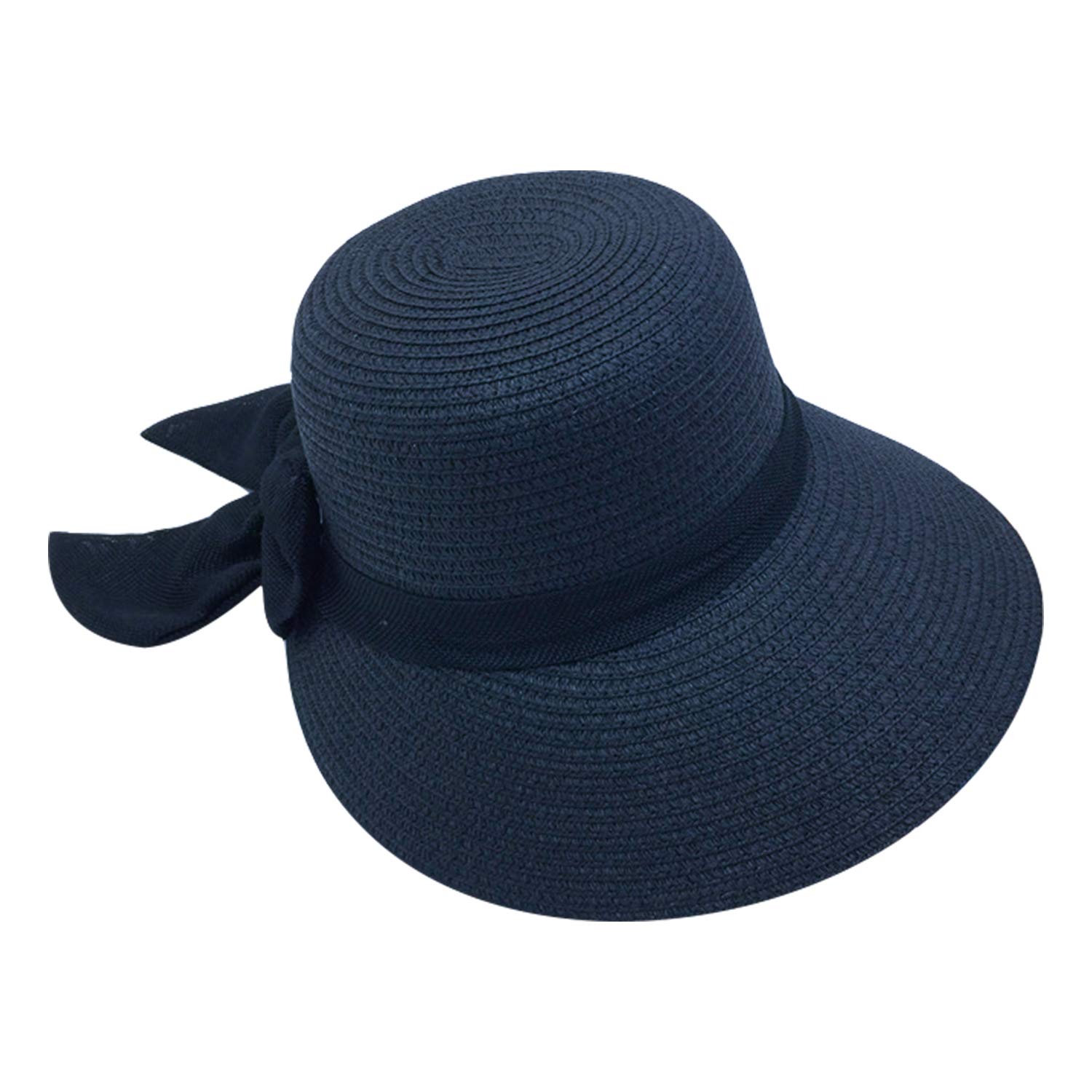 Startreene Women's Navy Beach Sun Hat Bowknot Plain Wide Brim Upf50 Straw Cap For Travel Camping (Navy)