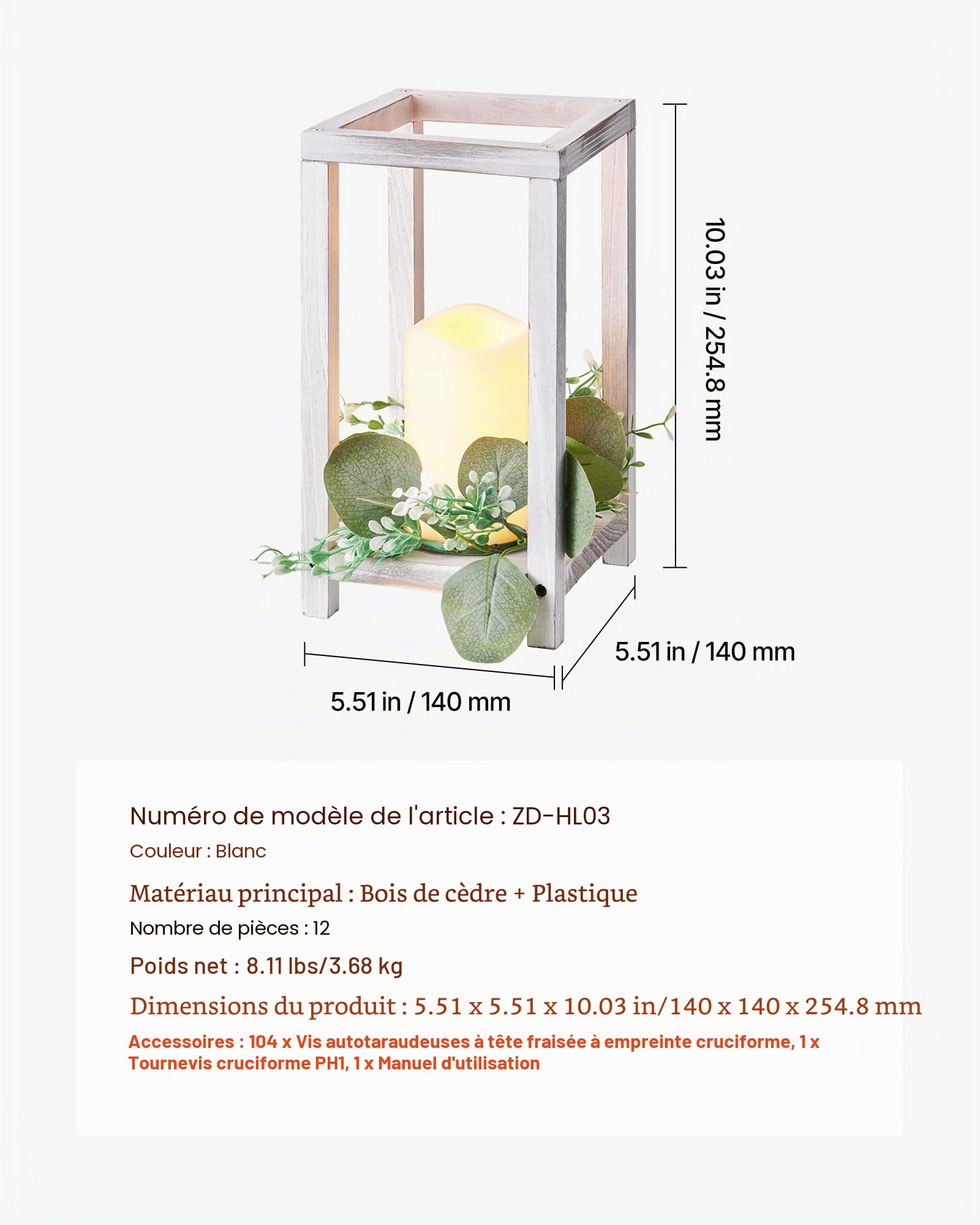 VEVOR Lanterne de Mariage en Bois, Lot de 12, Lanterne Décorative avec Bougies LED sans Flamme, Couronnes de Fleurs Artificielles, pour Centre de Table de Mariage, Fête, Décoration Intérieur, Blanc