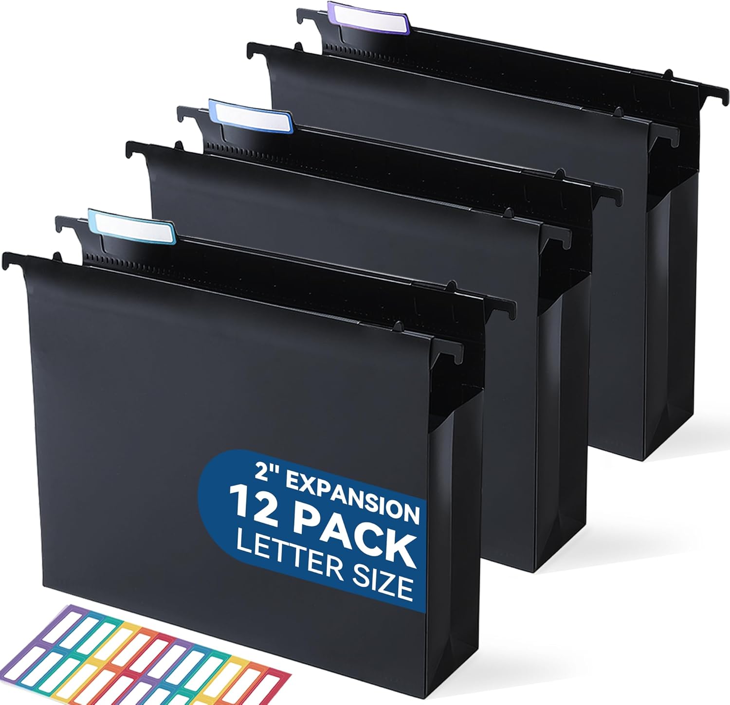 SortRax Plastic Extra Capacity Hanging File Folders, 2" Pastel Expanding Pocket, Heavy Duty for Filing Cabinet, Insertable 1/5-Cut Tabs, Letter Size - 12 Pack
