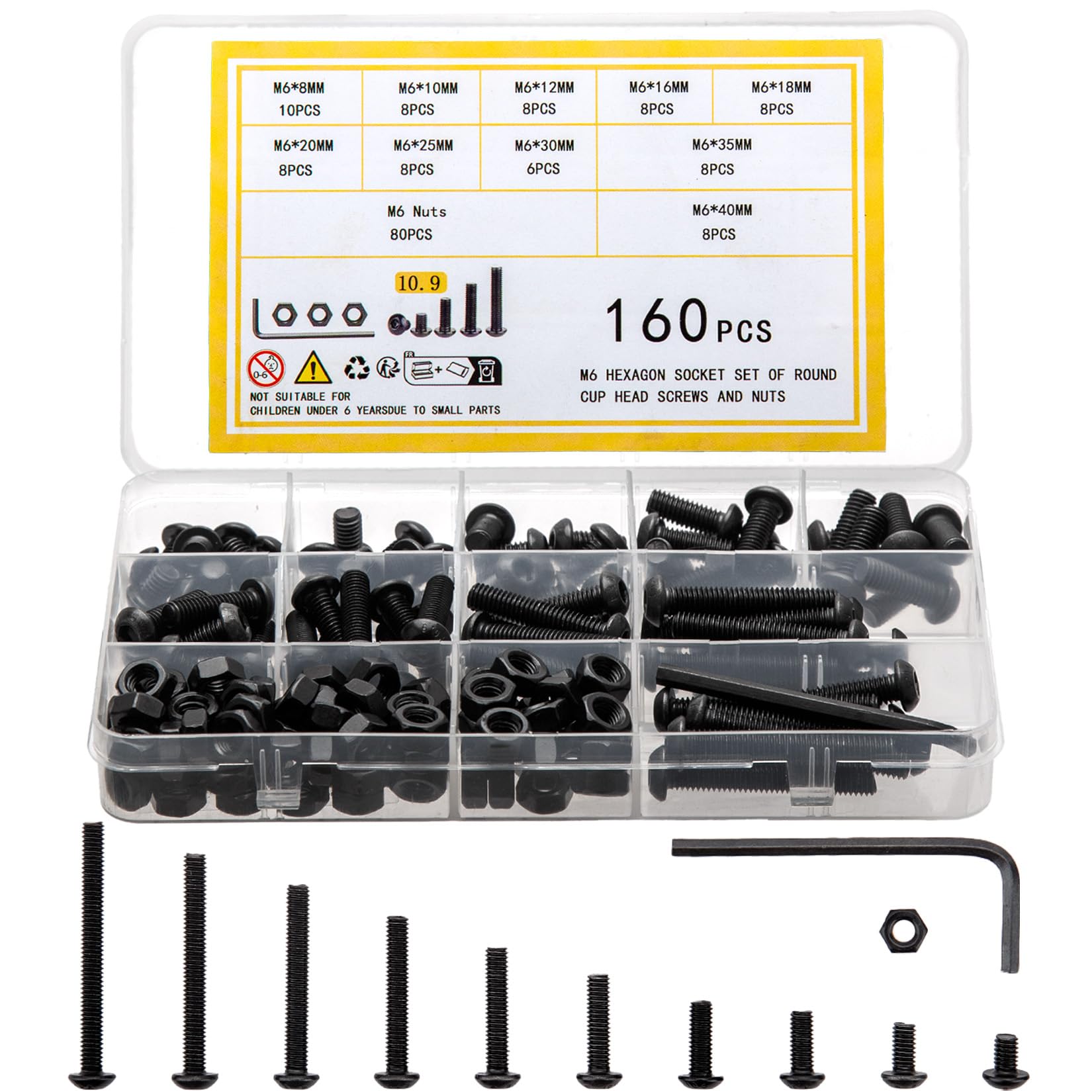 woshilaoDS 160 Pcs M6 Nuts and Bolts Set, M6 Bolts and Nuts Set, Round Head Hexagon Socket Screws Sets, Hex Machine Screws, Hex Socket Button Head Bolt Kit
