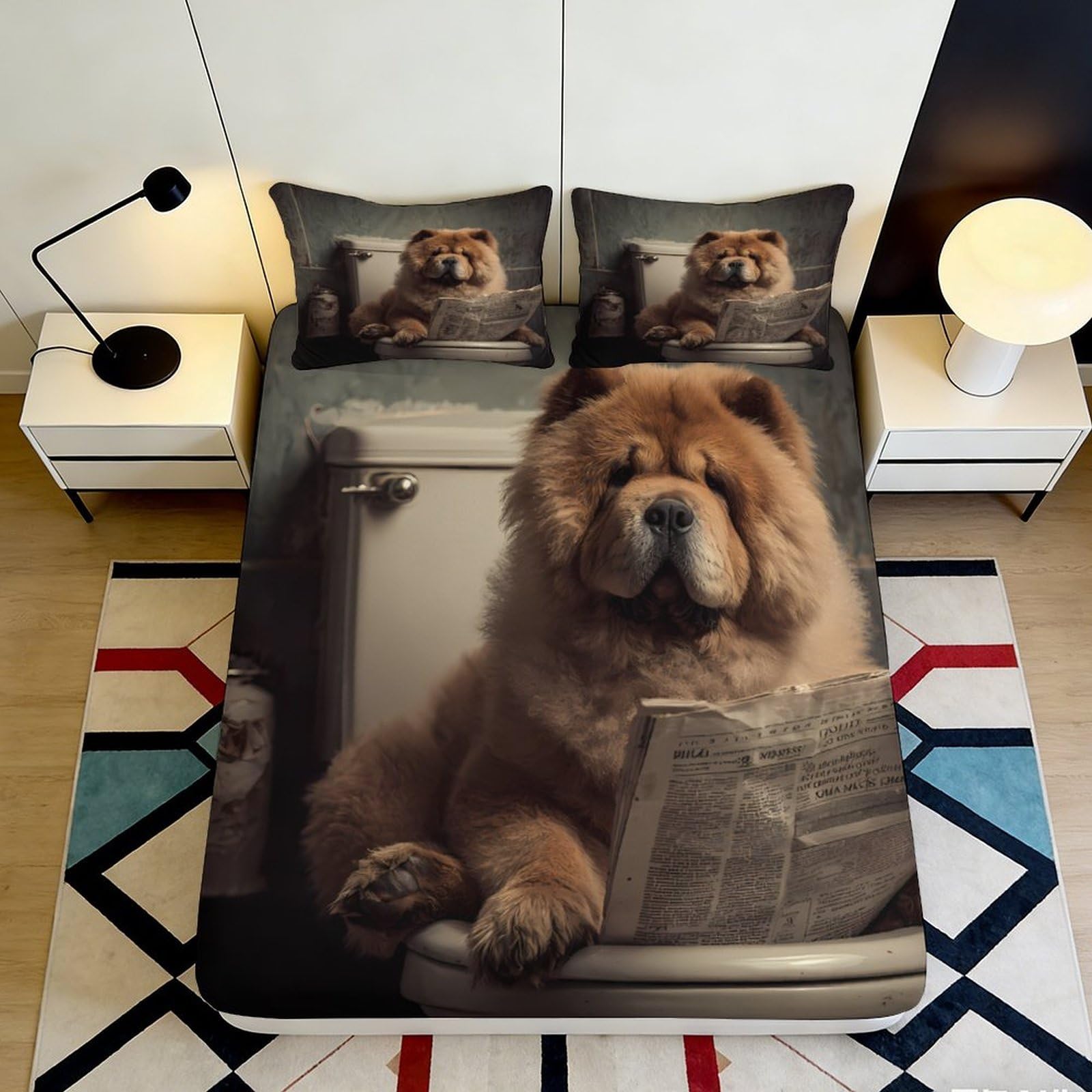 3D Printed Chow Chow Dog Fitted Sheet Microfiber Soft Durable Reading Newspaper Bed Cover for Bedroom Dormitory Guest Room Mattress Protection 120x200x25cm