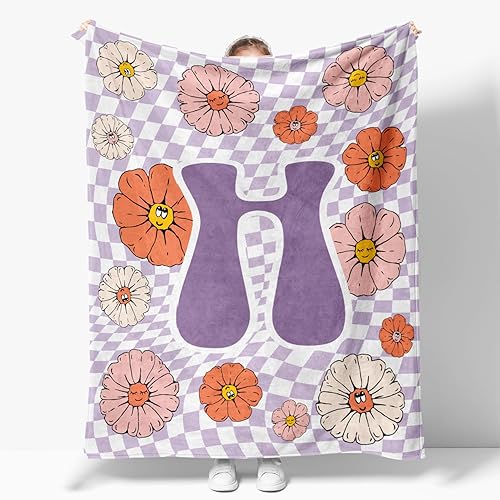 Miniatura 8 de Manta retro de los años 70 con inicial R floral a cuadros, groovy abstracta estética, manta de franela suave personalizada, regalos con monograma