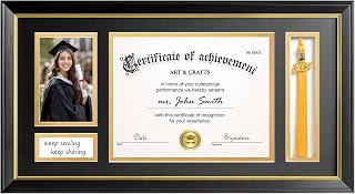 Yaetm 11x22 Diploma Frame with Tassel Holder for 8.5x11 Certificate Document & 4x6 Photo with High Definition Glass, Black Mat Over Gold Acid-free Mat, Black Graduation Frame 2025