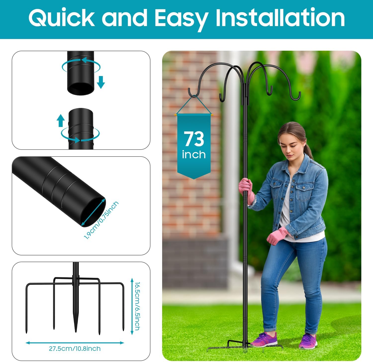 4-Hooks Shepherd Hooks for Outdoor,Heavy Duty 103 Inch Bird Feeder Pole with 5-Prong Base,Bird House Stand Garden Hooks for Hanging Plant Baskets,Solar Light, Lanterns, Wind Chime