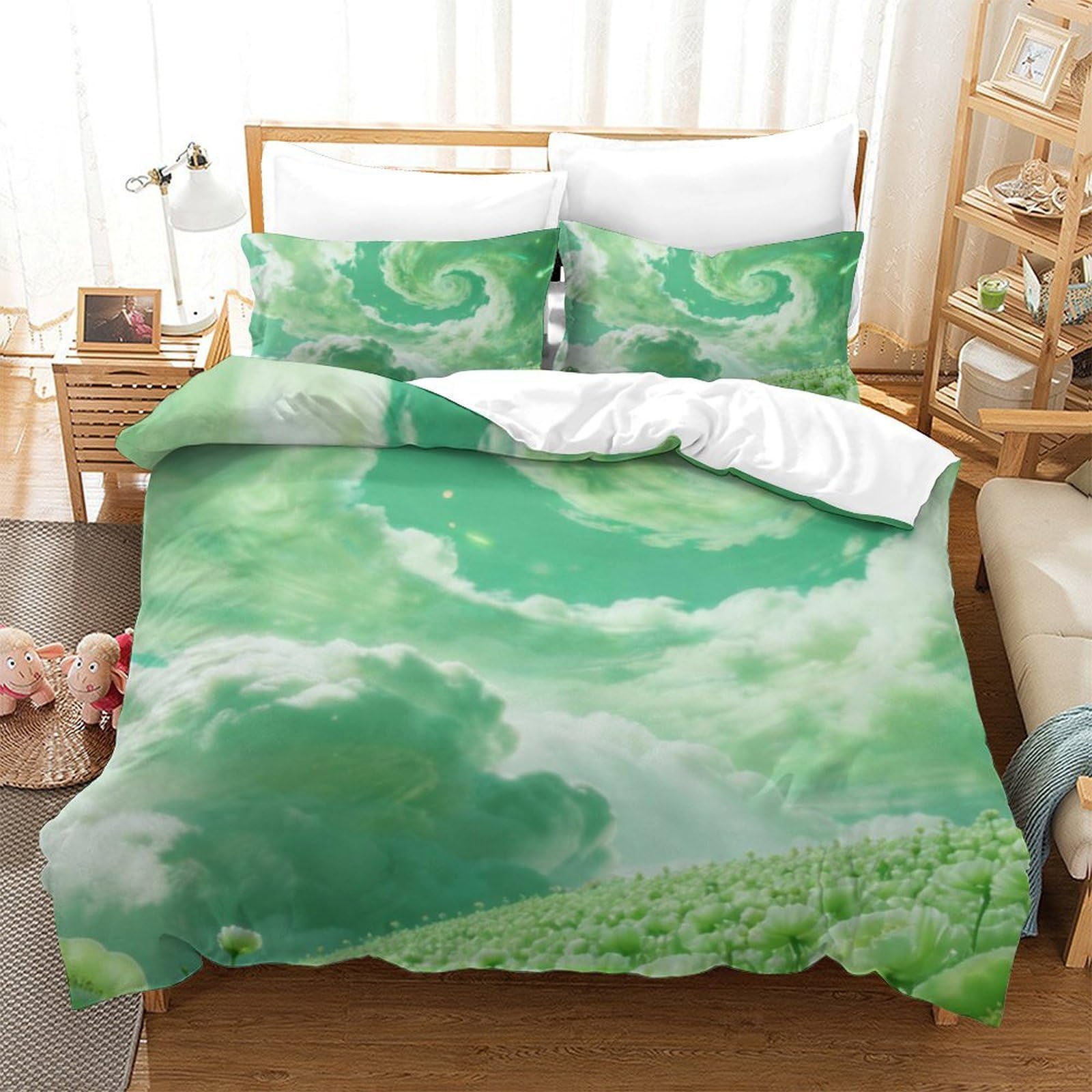 Déco chambre nature avec la housse de couette nuage vert 140x200cm en microfibre