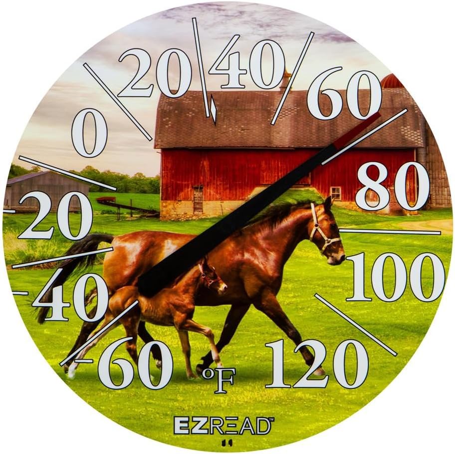 EZREAD Hanging Dial Thermometer - Weather Thermometers for Indoor and Outdoor Use, Large 12.5 Inch Diameter, Easy-to-Read Numbers, Horse and Foal
